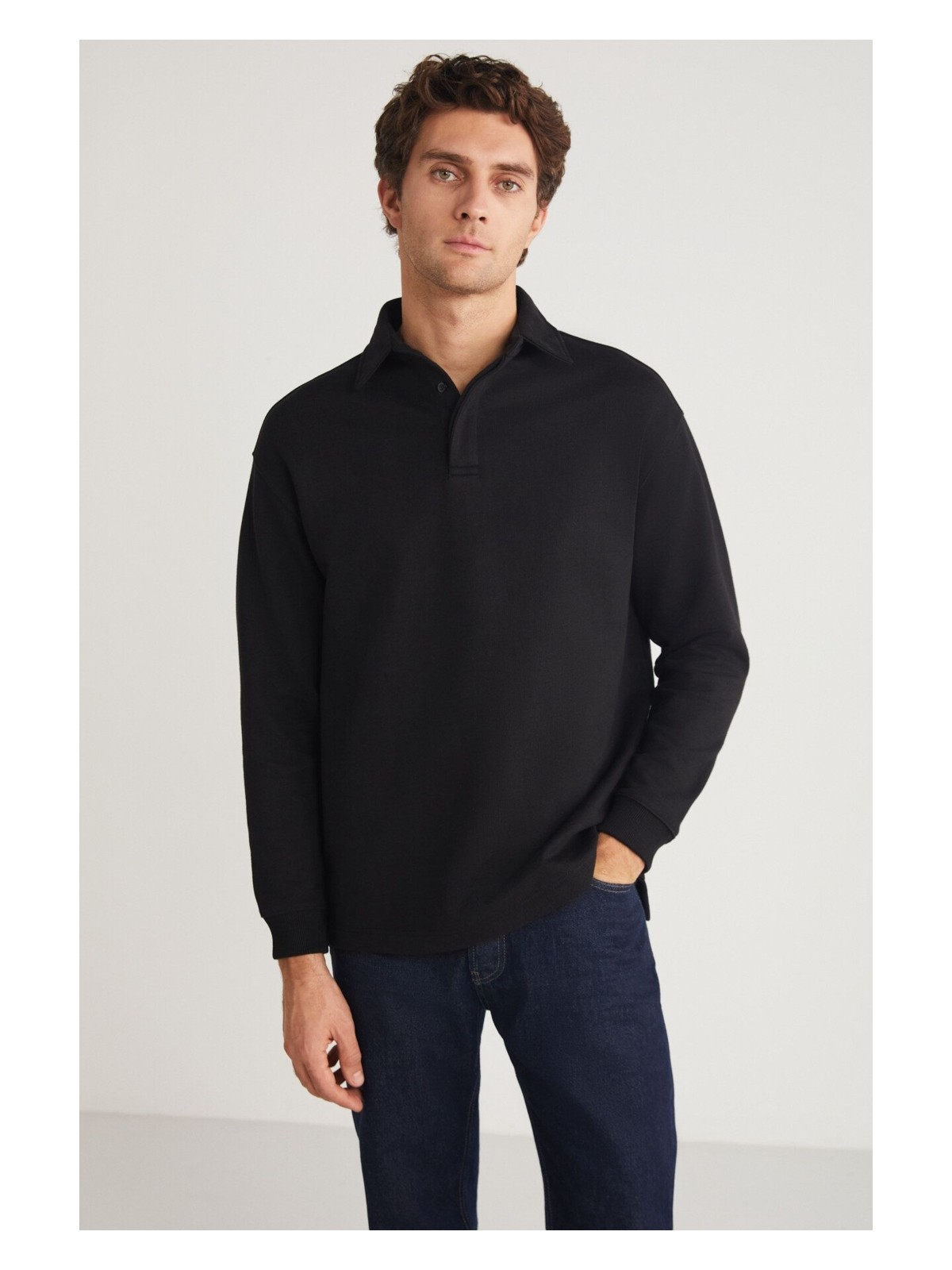 Grimelange John Erkek Polo Sweat Gömlek Yakalı Arkası Uzun Yırtmaçlı Diagonel Kumaşlı Koyu Kahverengi Sweatshir - Görsel 5