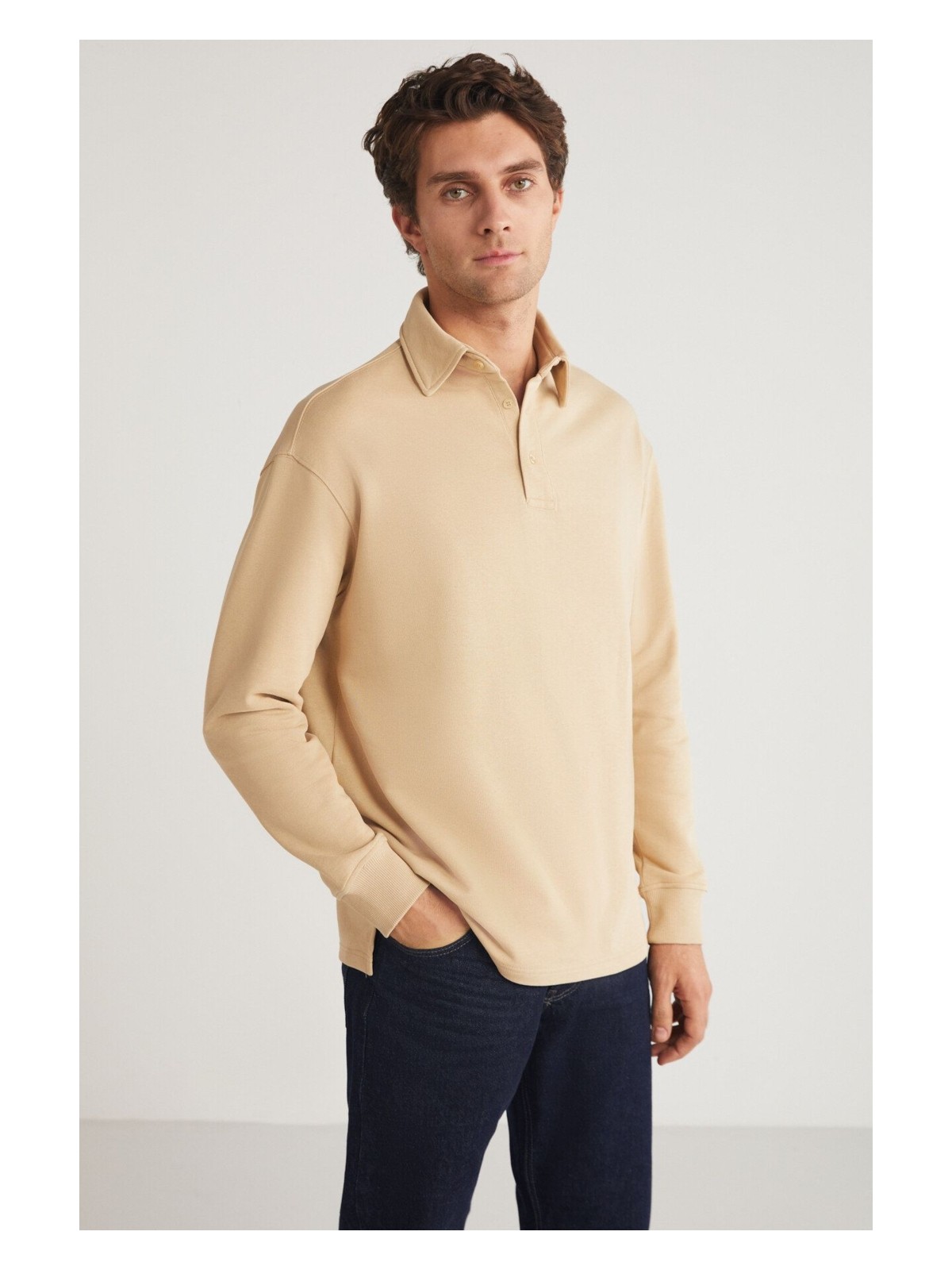 Grimelange John Erkek Polo Sweat Gömlek Yakalı Arkası Uzun Yırtmaçlı Diagonel Kumaşlı Koyu Kahverengi Sweatshir - Görsel 3