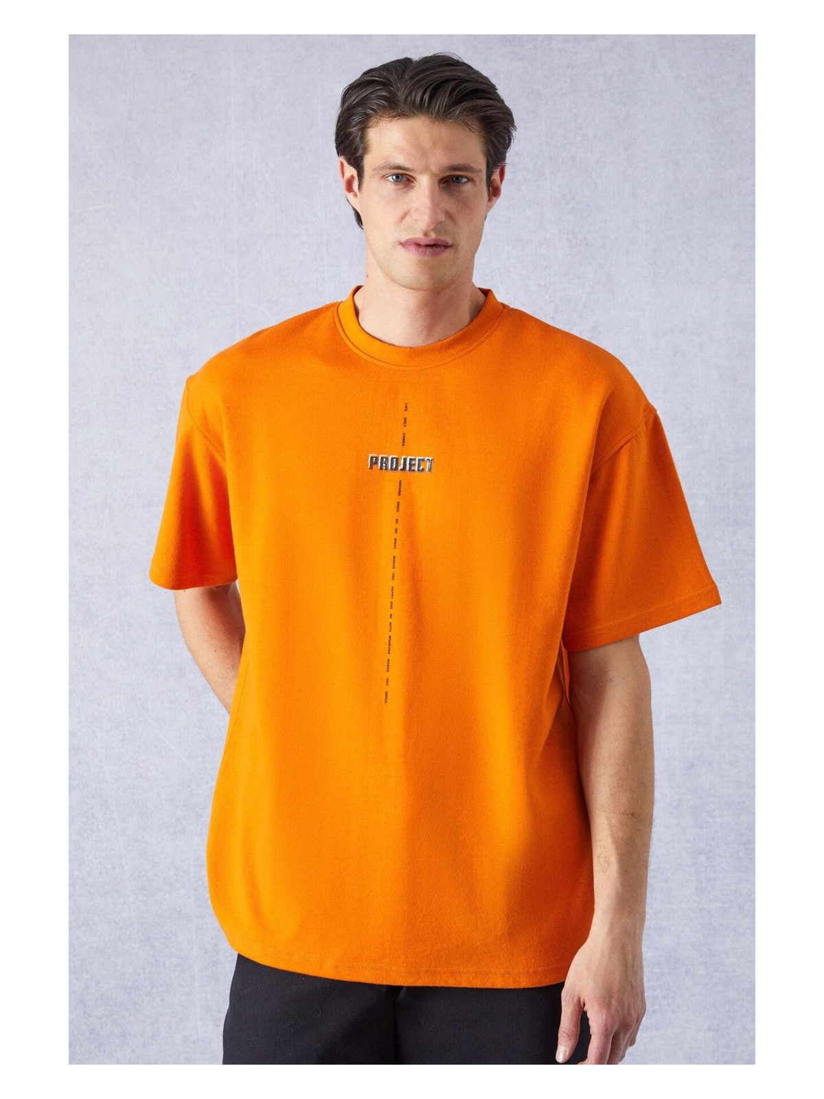 Grimelange Project Erkek Baskı Detaylı Oversize Fit %100 Organik Pamuk Örme Bisiklet Yaka Örme Siyah T-shirt - Görsel 6