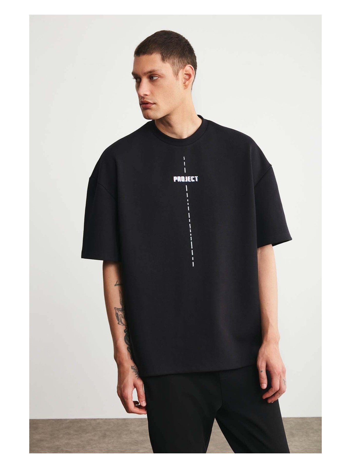 Grimelange Project Erkek Baskı Detaylı Oversize Fit %100 Organik Pamuk Örme Bisiklet Yaka Örme Siyah T-shirt