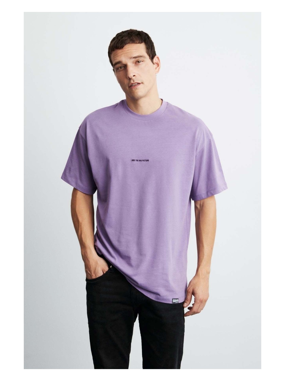 Grimelange Rıver Erkek Oversize Fit Bol Kesim Nakış Işlemeli Basic Örme Mor T-shirt