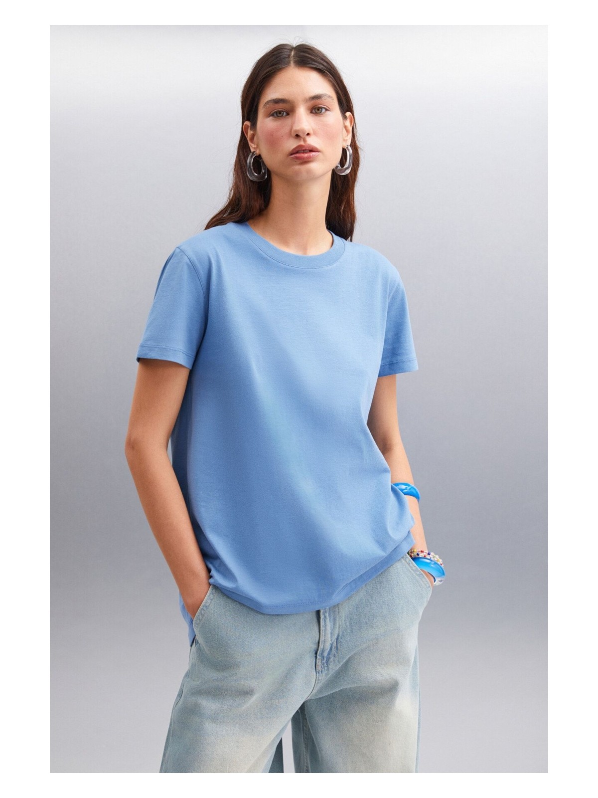 Grimelange Samantha Kadın %100 Organik Pamuklu Comfort Fit Arkası Uzun Basic Örme Pembe T-shirt - Görsel 5