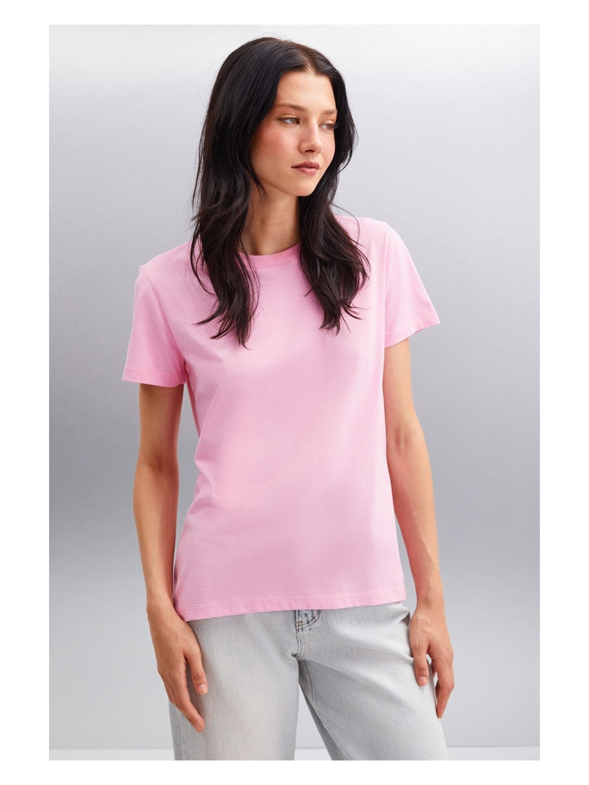 Grimelange Samantha Kadın %100 Organik Pamuklu Comfort Fit Arkası Uzun Basic Örme Pembe T-shirt