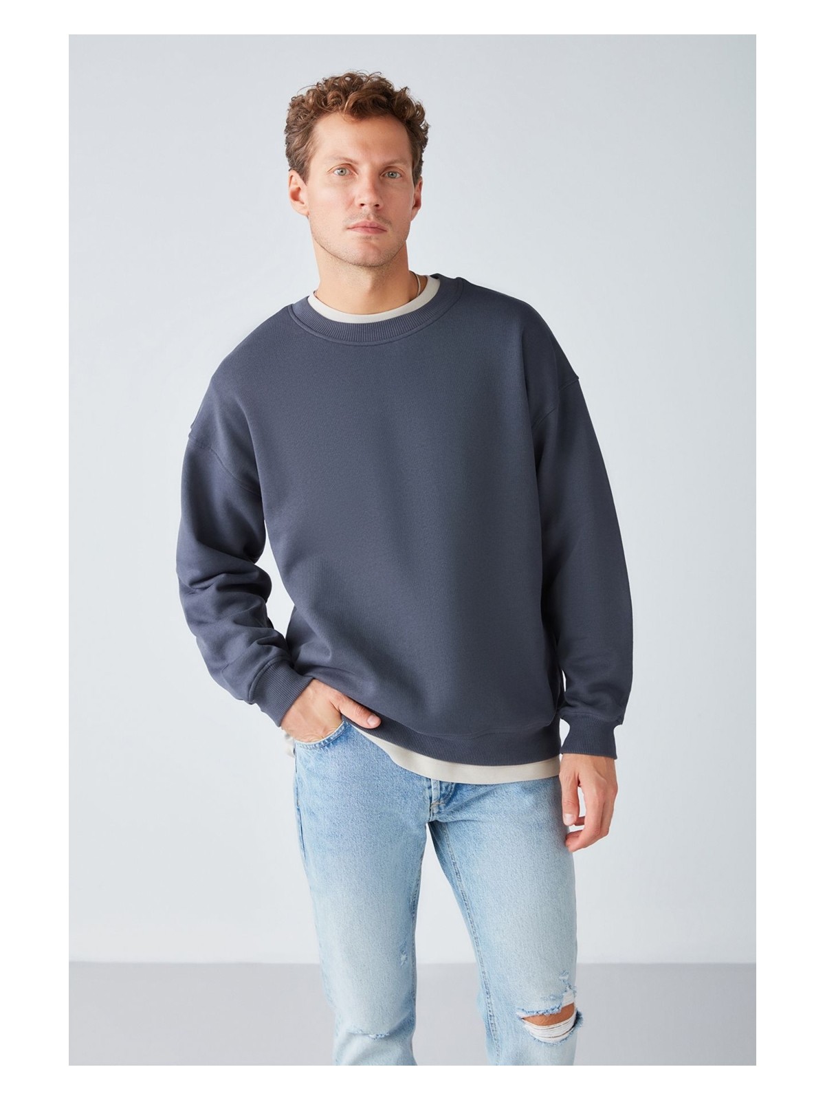 Grimelange Stephan Erkek Yumuşacık Kışlık Kumaşlı 3 Iplik Organik Pamuk Örme Oversize Siyah Sweatshirt - Görsel 9