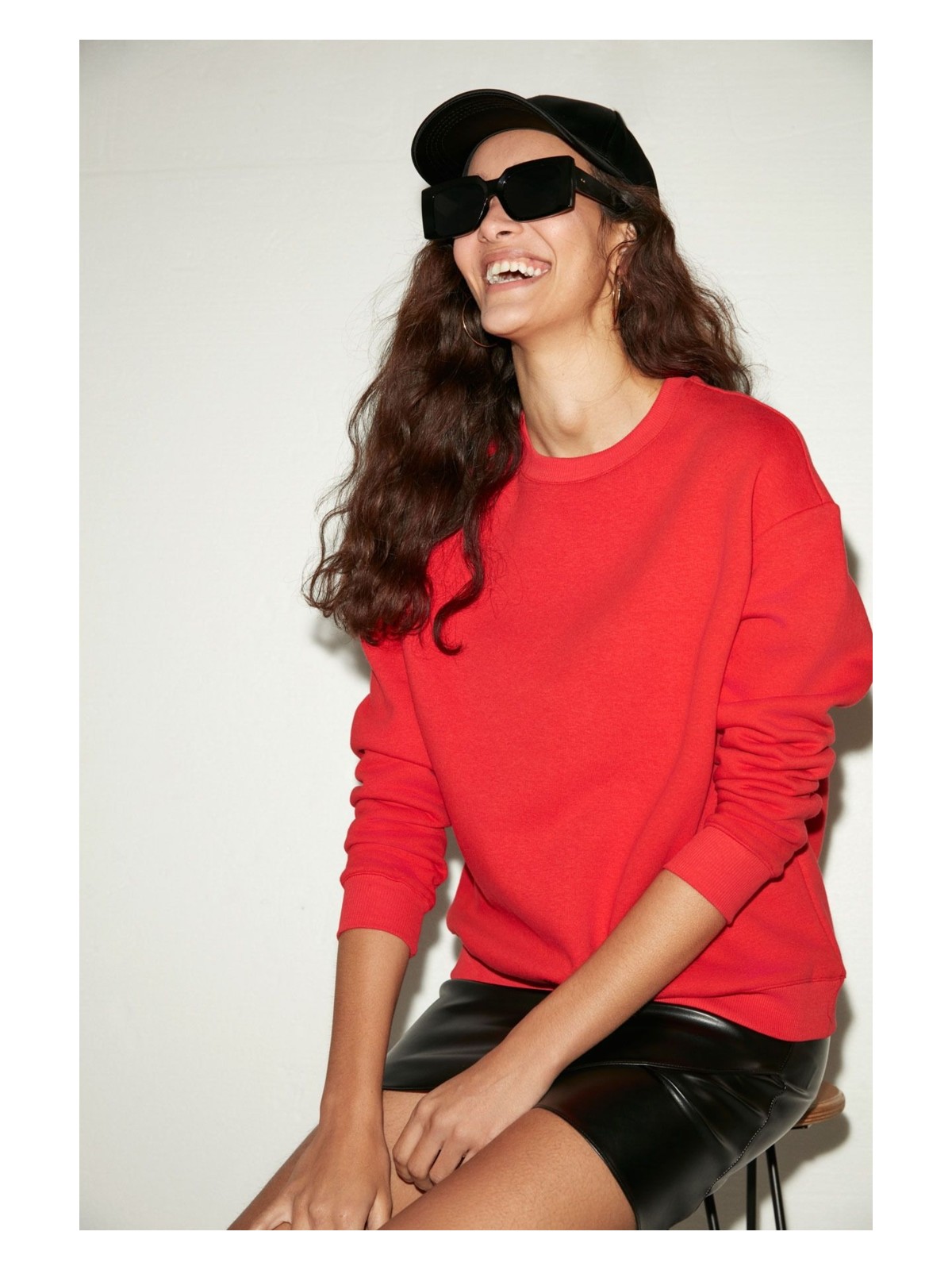 Grimelange Vaneltına Kadın Içi Polarlı 3 Iplik Organik Pamuk Oversize Basic Bisiklet Yaka Kırmızı Sweatshirt