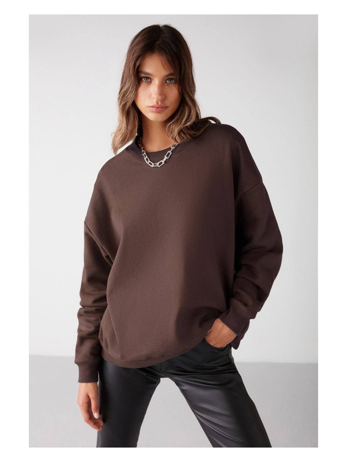 Grimelange VANELTINA Kadın Organik Pamuklu Yumuşacık İçi Polarlı Yuvarlak yakalı Kahverengi Sweatshirt