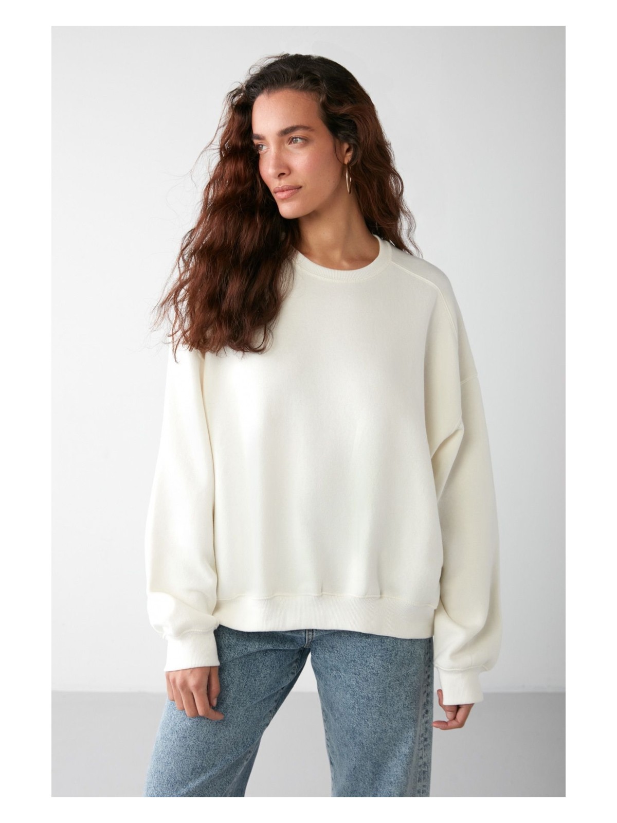 Grimelange Vaneltına Kadın Içi Polarlı 3 Iplik Organik Pamuk Oversize Basic Bisiklet Yaka Vanilya Sweatshirt