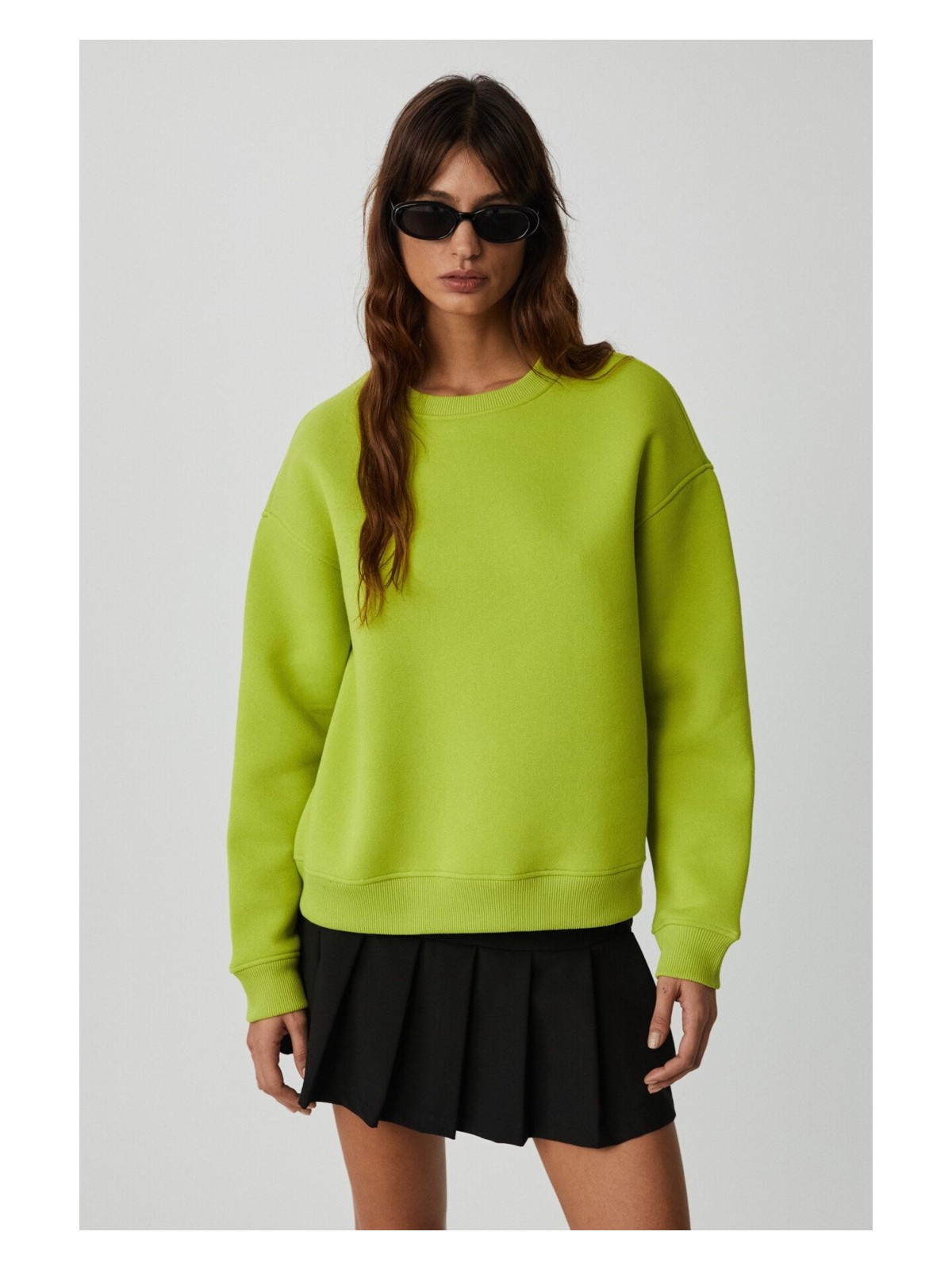 Grimelange VANELTINA Kadın İçi Polarlı 3 İplik Organik Pamuk Oversize Basic Bisiklet Yaka Fıstık Yeşili Sweatsh