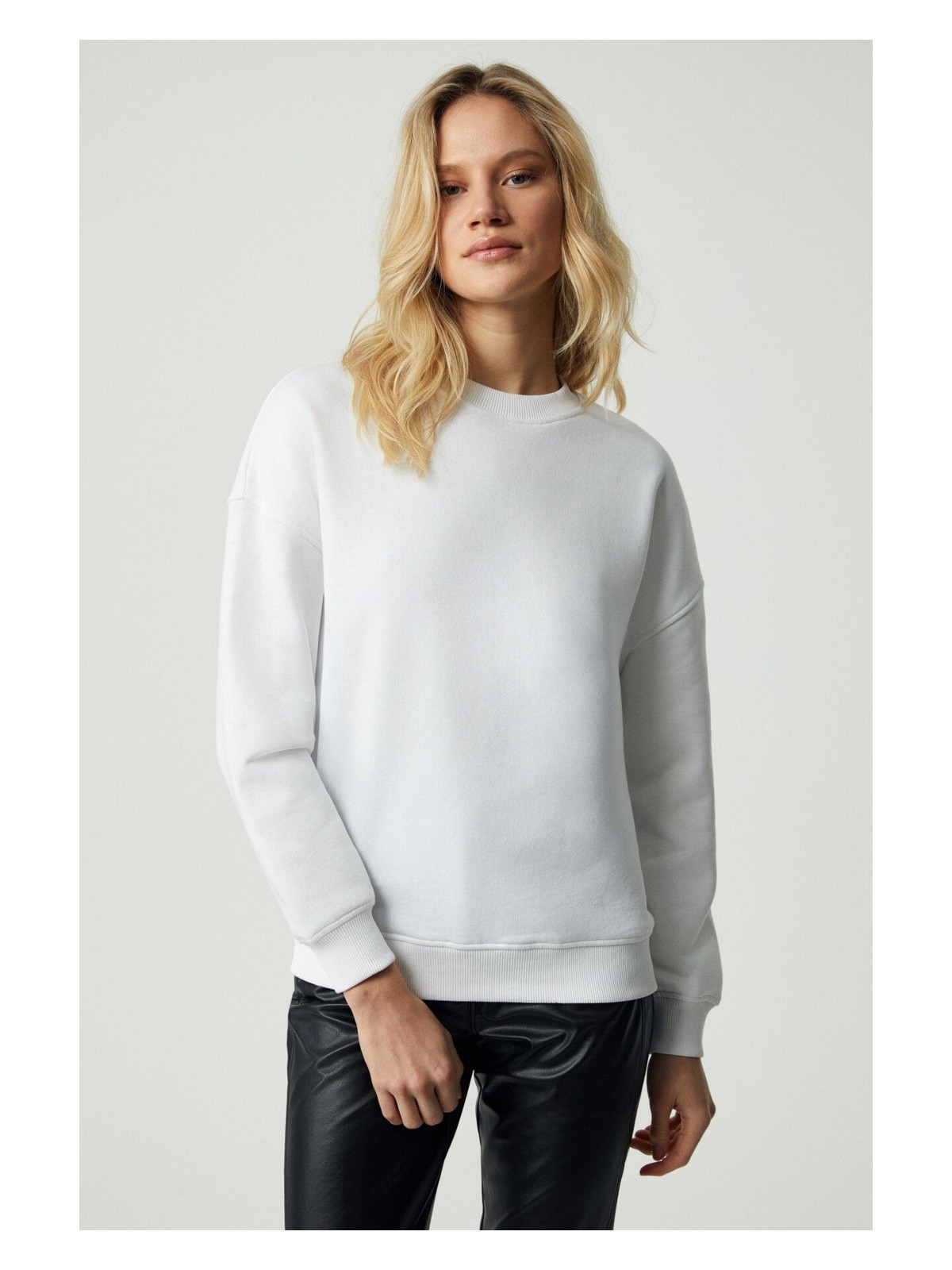 Grimelange Vaneltına Kadın Içi Polarlı 3 Iplik Organik Pamuk Oversize Basic Bisiklet Yaka Beyaz Sweatshirt