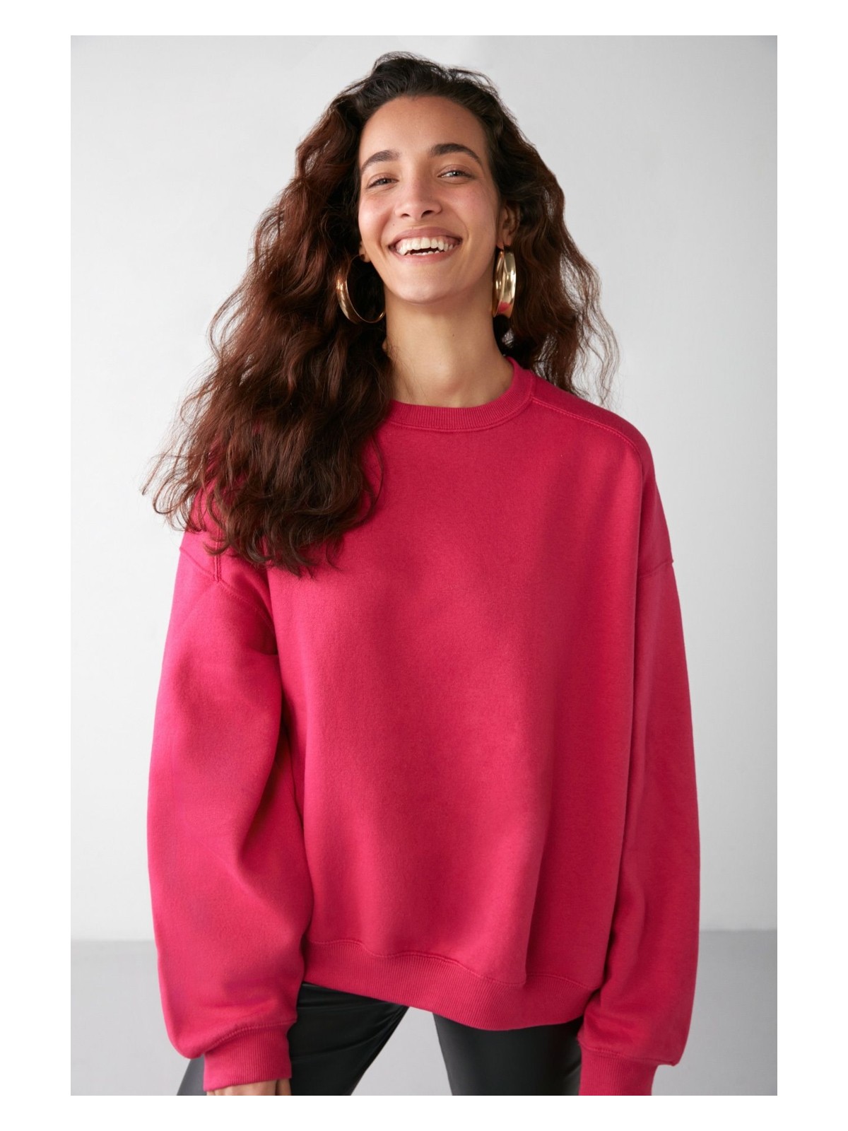 Grimelange VANELTINA Kadın Bisiklet Yaka İçi Polarlı Oversize Fit Basic Pembe Sweatshirt