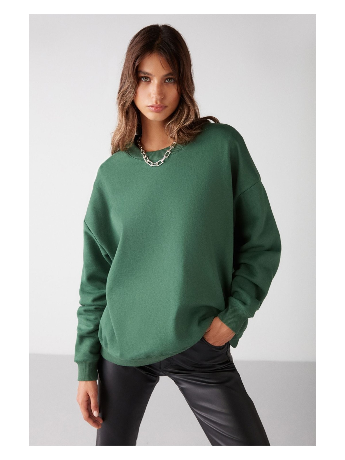 Grimelange Vaneltına Kadın Içi Polarlı 3 Iplik Organik Pamuk Oversize Basic Bisiklet Yaka Yeşil Sweatshirt