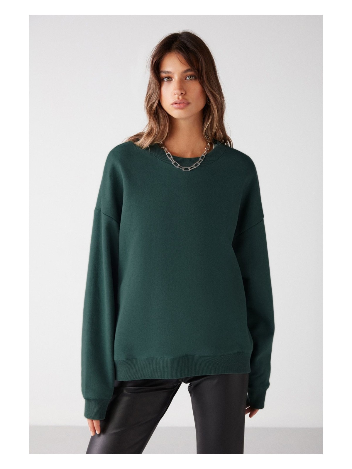 Grimelange Susana Kadın Bisiklet Yaka Içi Polarlı Oversize Fit Basic Koyu Yeşil Sweatshirt