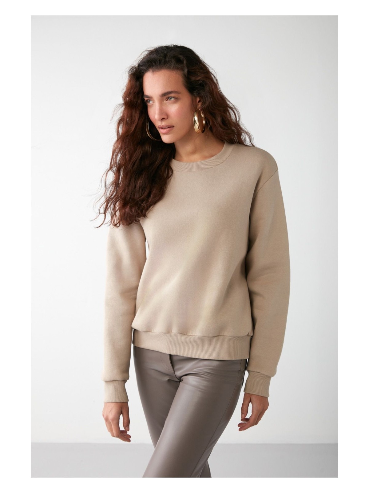 Grimelange Vaneltına Kadın Içi Polarlı 3 Iplik Organik Pamuk Oversize Basic Bisiklet Yaka Vizon Sweatshirt - Görsel 2