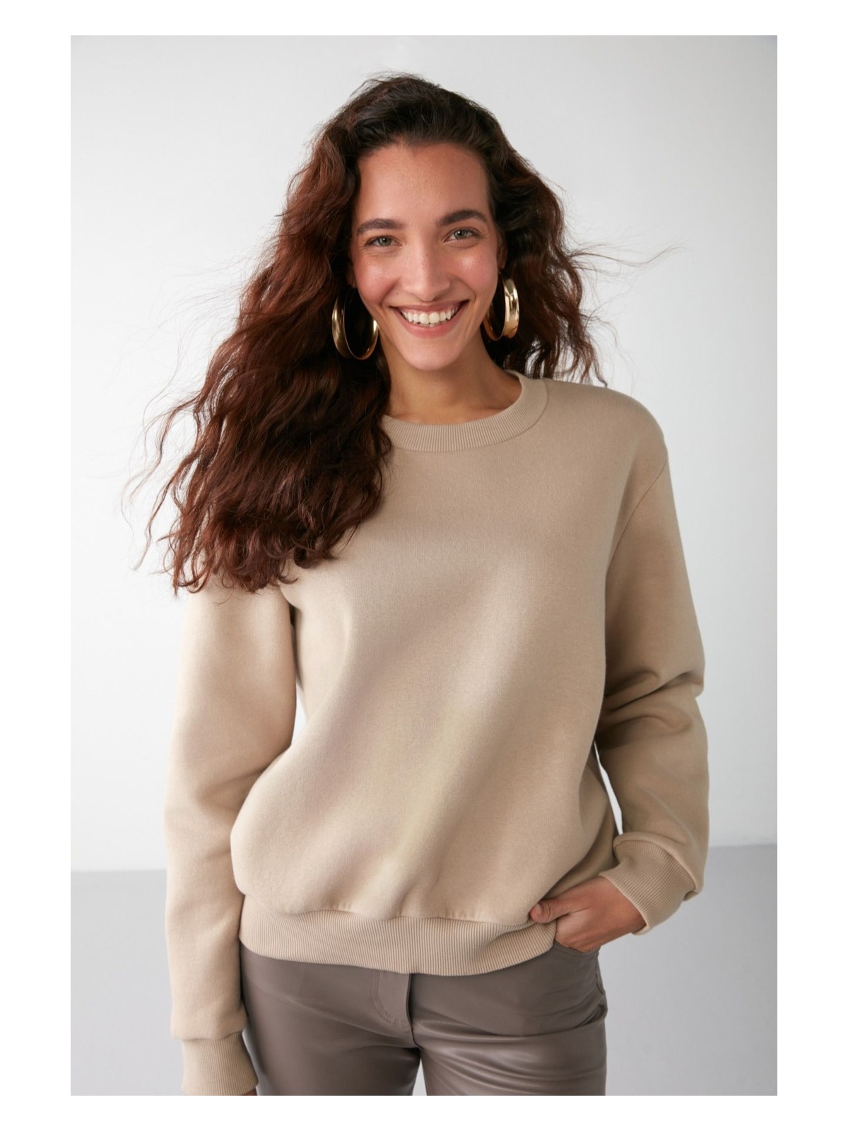 Grimelange Vaneltına Kadın Içi Polarlı 3 Iplik Organik Pamuk Oversize Basic Bisiklet Yaka Vizon Sweatshirt - Görsel 3