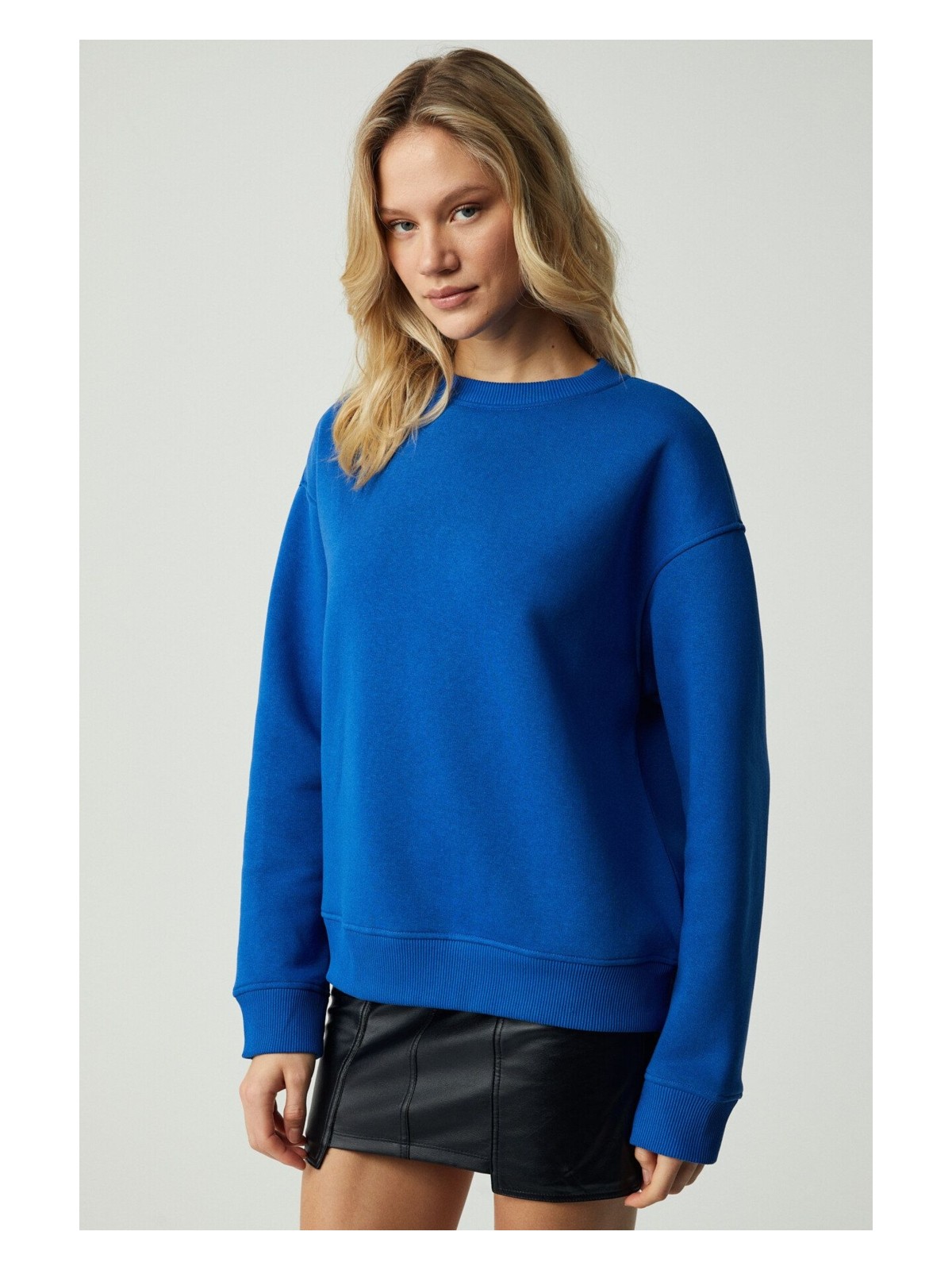 Grimelange VANELTINA Kadın Organik Pamuklu Yumuşacık İçi Polarlı Yuvarlak yakalı Parlament Mavi Sweatshirt