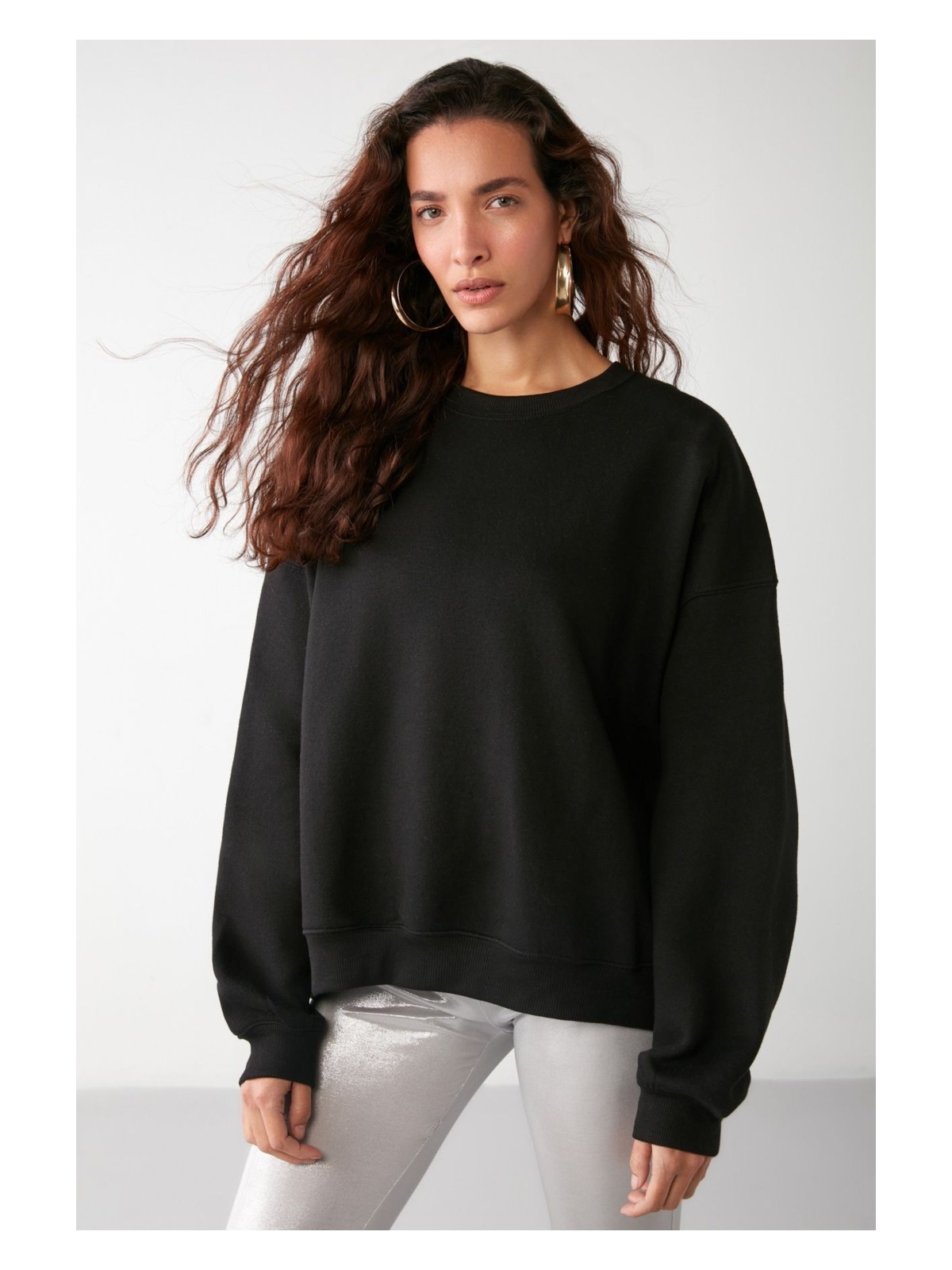 Grimelange Vaneltına Kadın Içi Polarlı 3 Iplik Organik Pamuk Oversize Basic Bisiklet Yaka Siyah Sweatshirt