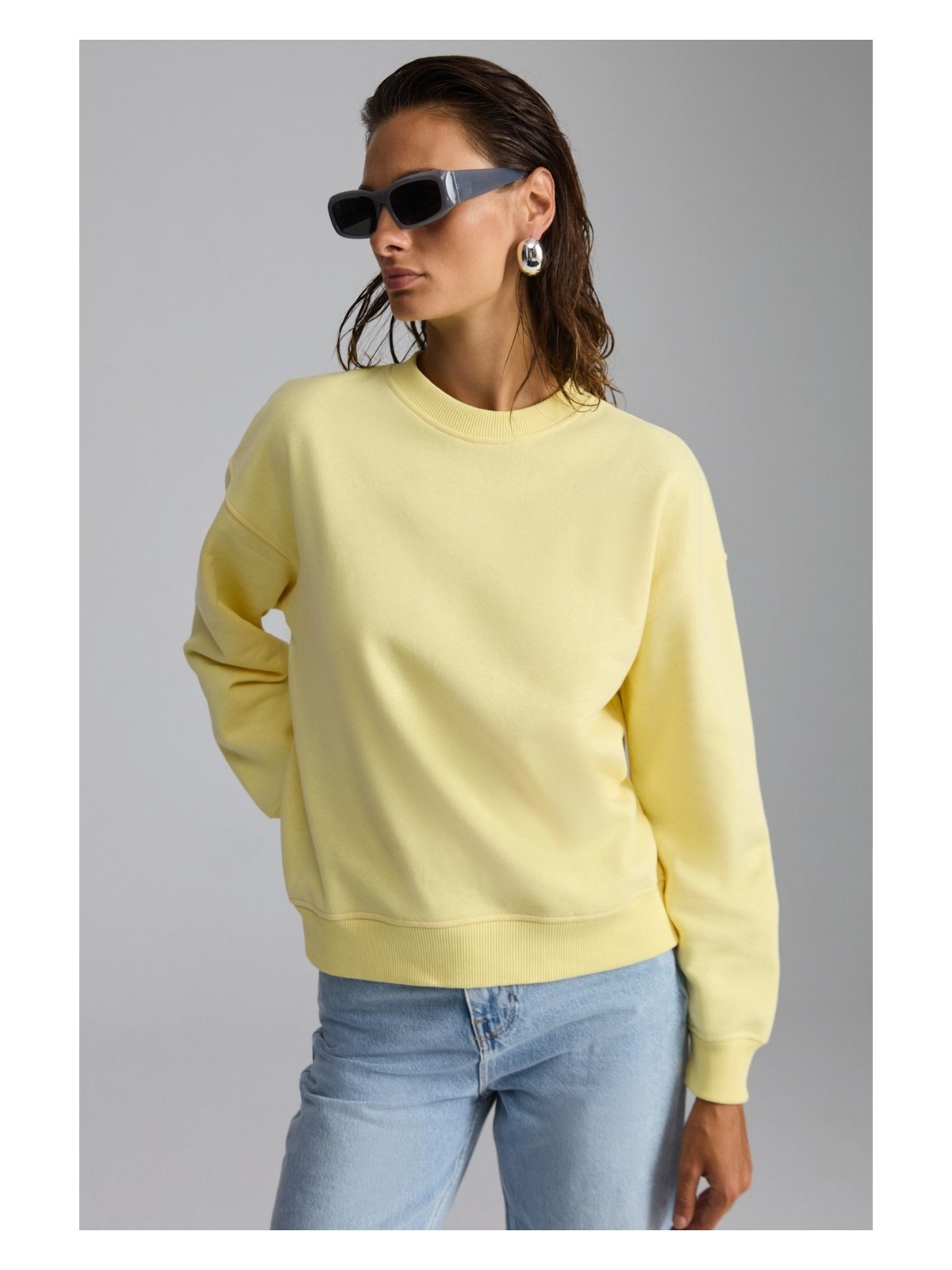 Grimelange Vaneltına Kadın Içi Polarlı 3 Iplik Organik Pamuk Oversize Basic Bisiklet Yaka Sarı Sweatshirt