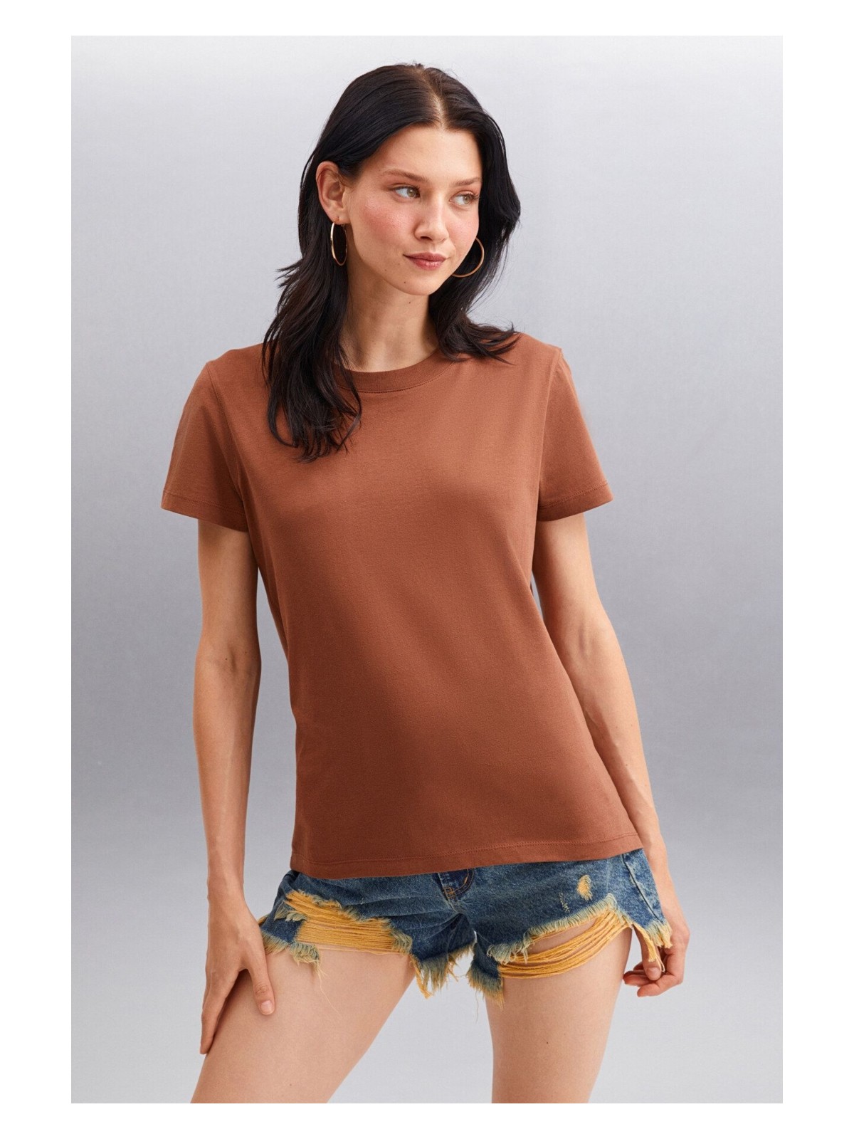 Grimelange Samantha Kadın %100 Organik Pamuklu Comfort Fit Arkası Uzun Basic Örme Pembe T-shirt - Görsel 8