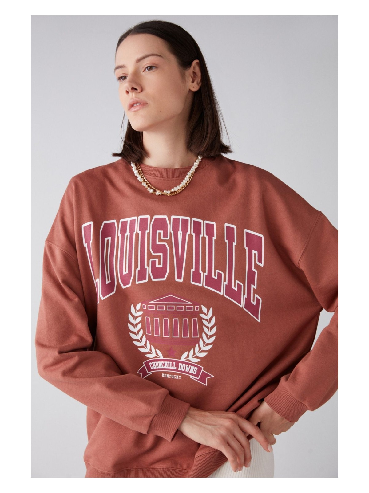 Grimelange Ramona Kadın Oversize Yumuşacık Içi Polarlı Organik Pamuklu Baskılı Yuvarlak Yakalı Yeşil Sweatshirt - Görsel 4