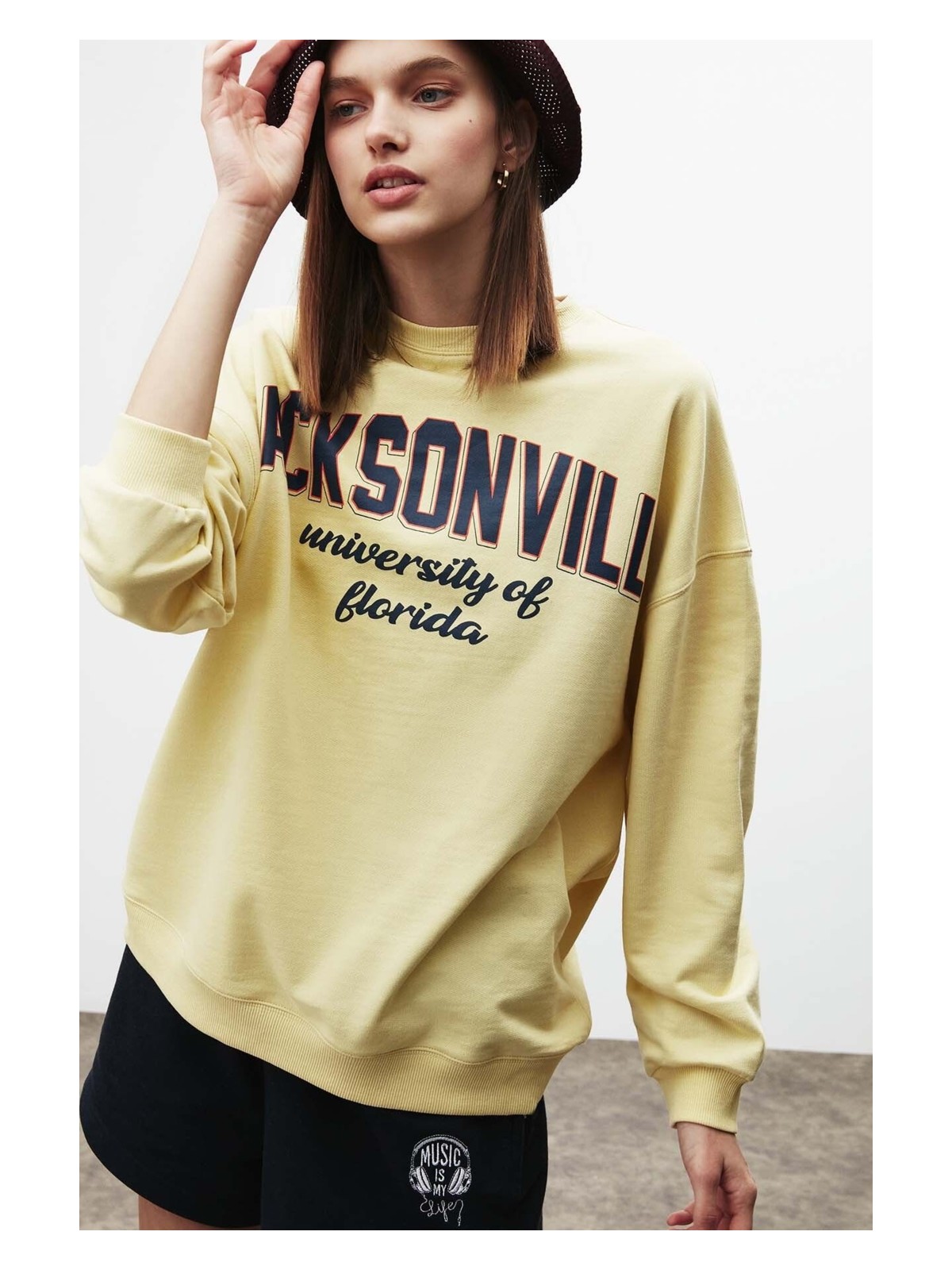 Grimelange Ramona Kadın Oversize Yumuşacık Içi Polarlı Organik Pamuklu Baskılı Yuvarlak Yakalı Yeşil Sweatshirt - Görsel 7