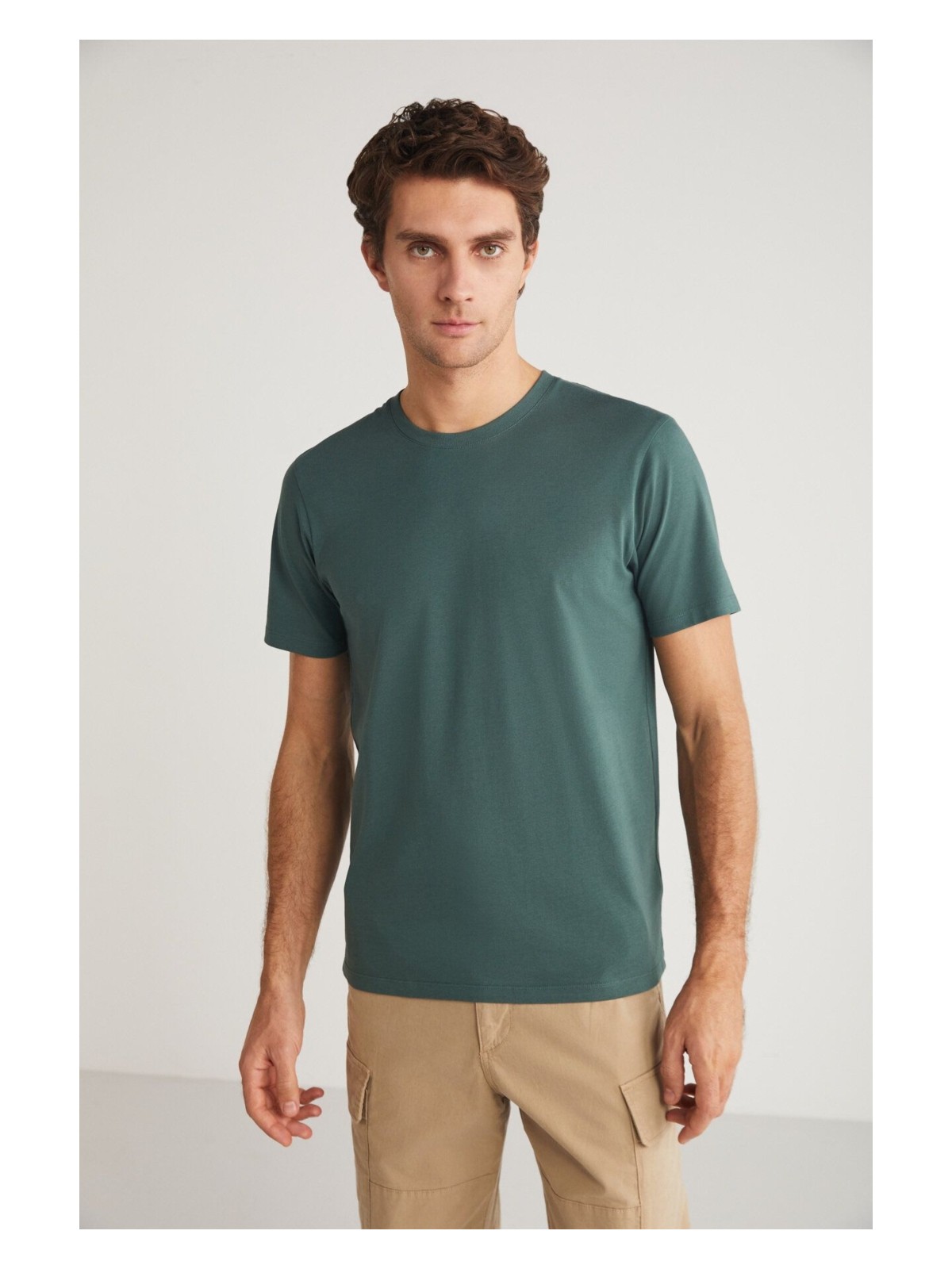 Grimelange Mıchel Erkek Slim Fit Dar Kesim %100 Organik Pamuklu Yana Kayan Dikişli Basic Örme Yeşil T-shirt