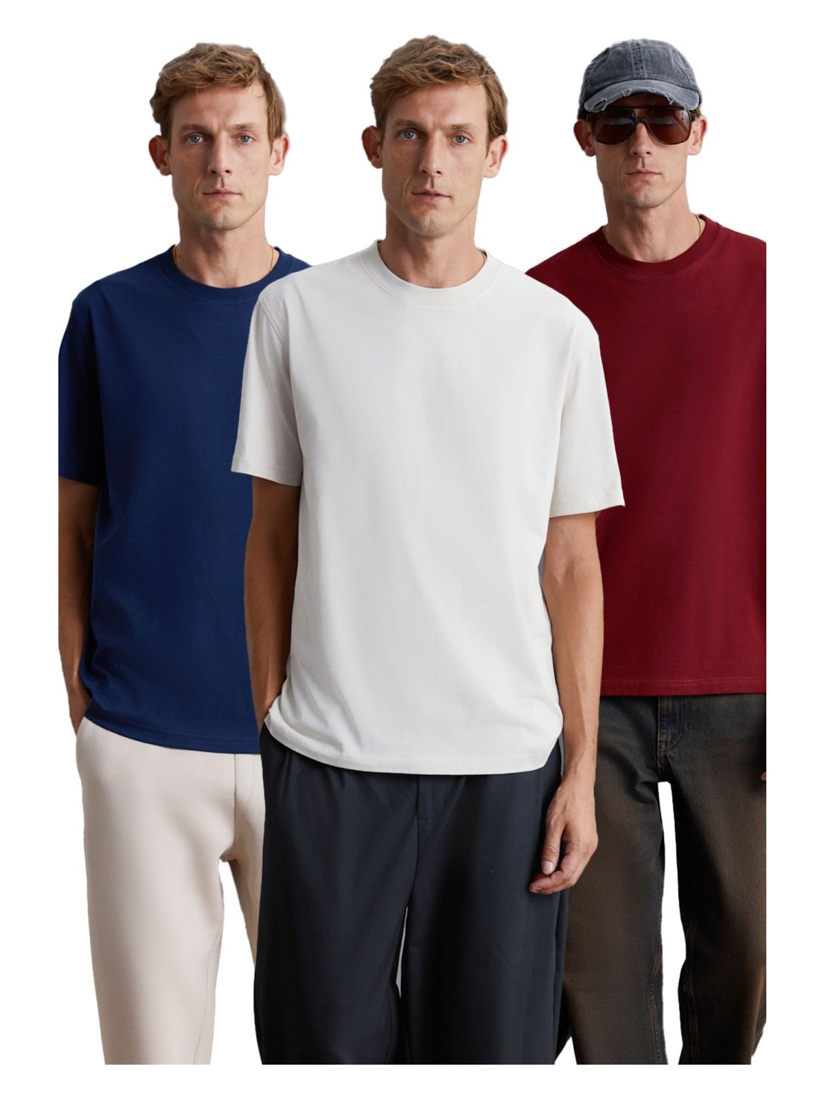 Grimelange Cultıvated Erkek 3'lü Kalın Dokulu Regular %100 Organik Pamuk Bordo/lcvrt/gri T-shirt