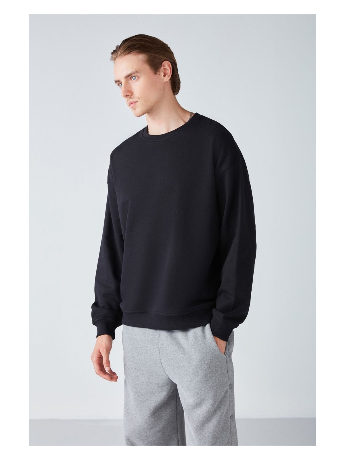 Grimelange Stephan Erkek Yumuşacık Kışlık Kumaşlı 3 Iplik Organik Pamuk Örme Oversize Siyah Sweatshirt