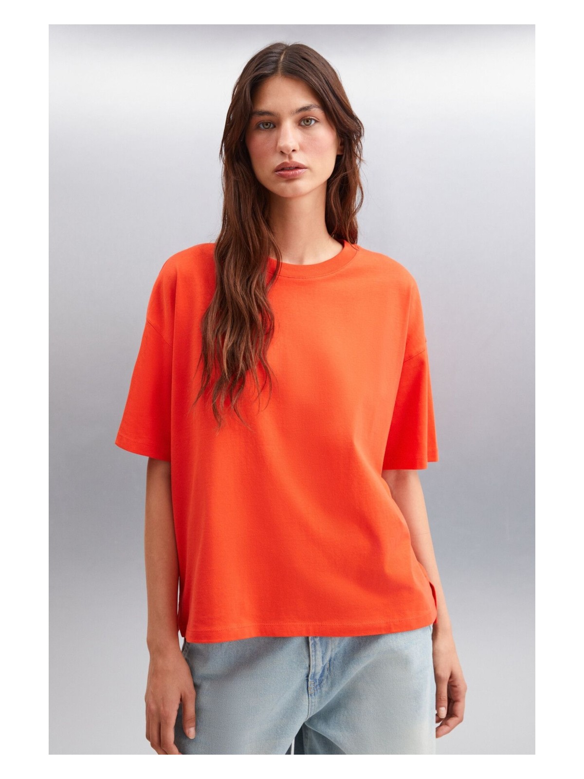 Grimelange Jemmy Kadın %100 Organik Pamuk Relaxed Fit Yırtmaçlı Yuvarlak Yakalı Kırmızı T-shirt