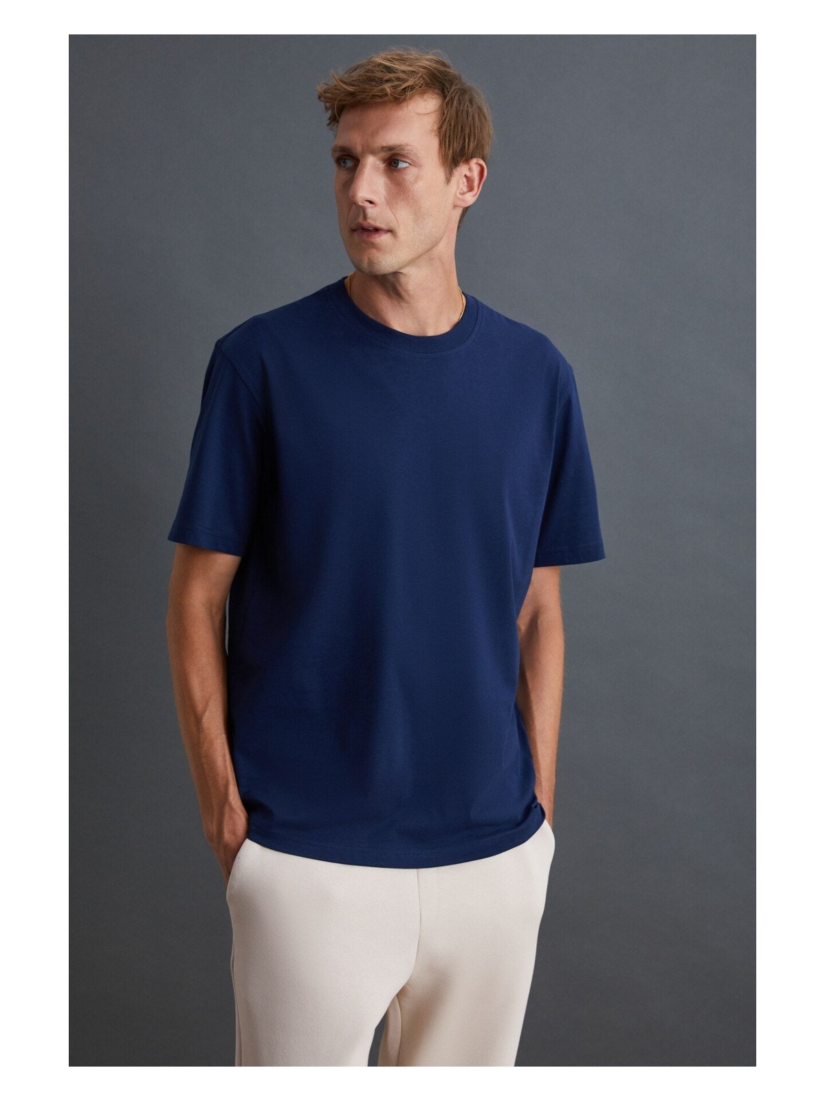 Grimelange Solo Erkek %100 Organik Pamuklu Kalın Dokulu Comfort Fit Bisiklet Yakalı Lacivert T-shirt