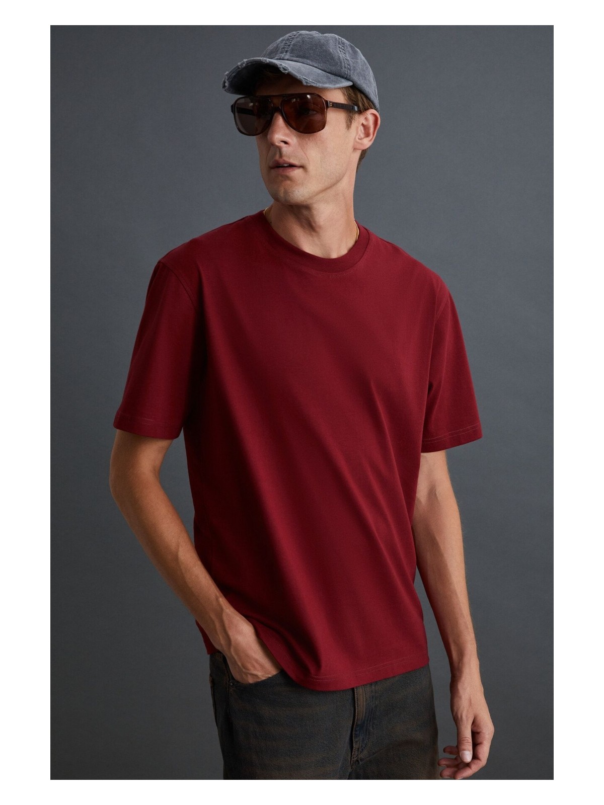 Grimelange Solo Erkek %100 Organik Pamuklu Kalın Dokulu Comfort Fit Bisiklet Yakalı Bordo T-shirt