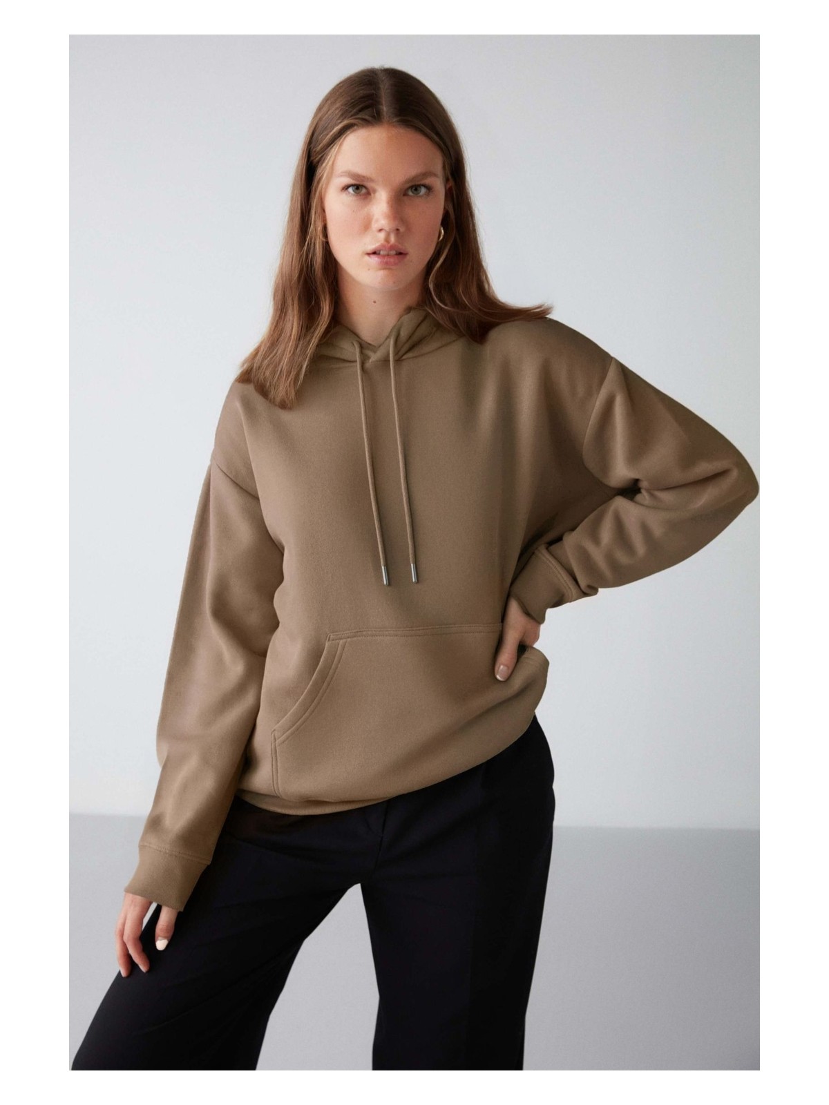 Grimelange Adel Kadın Organik Pamuklu Içi Polarlı Yumuşacık Relaxed Kanguru Cepli Kapüşonlu Mavi Sweatshirt - Görsel 5