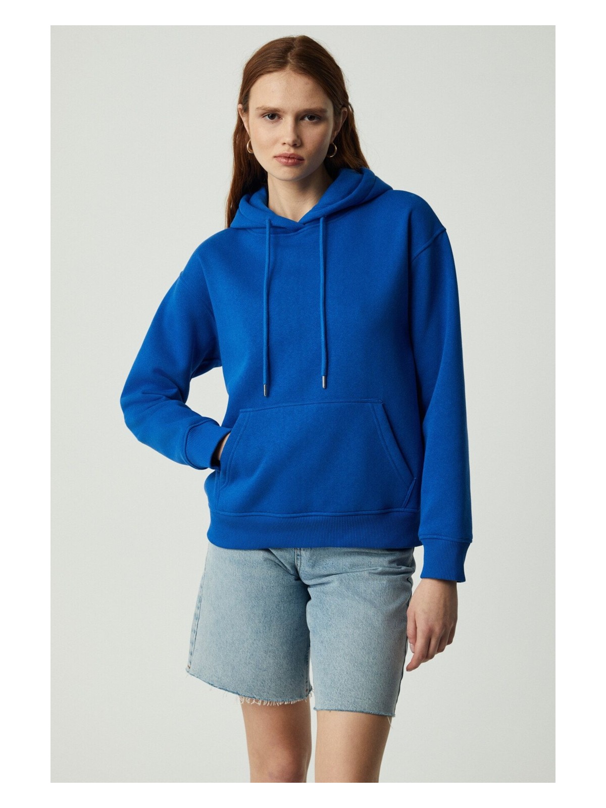 Grimelange Adel Kadın Organik Pamuklu Içi Polarlı Yumuşacık Relaxed Kanguru Cepli Kapüşonlu Mavi Sweatshirt - Görsel 6