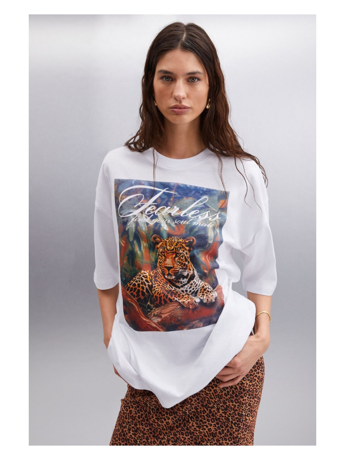 Grimelange Aılıs Kadın %100 Pamuk Oversize Fit Baskılı Beyaz T-shirt