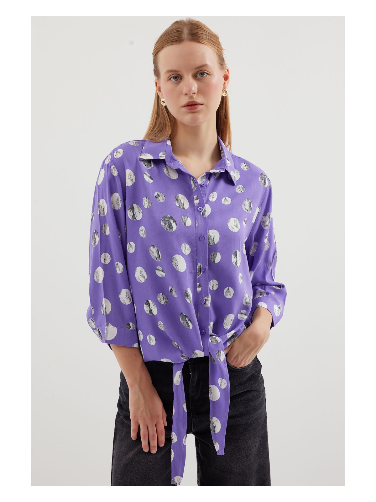 Bigdart 20243 Önü Bağlamalı Desenli Gömlek - Siyah - Görsel 3