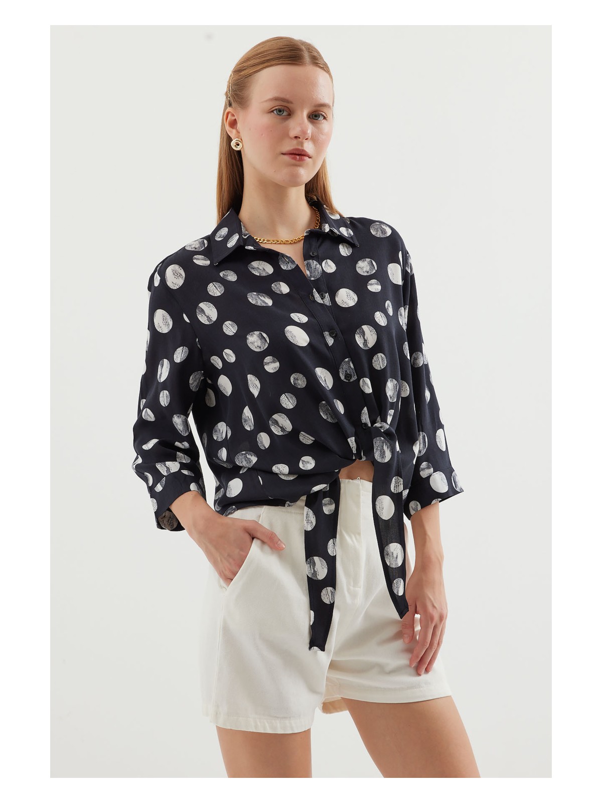 Bigdart 20243 Önü Bağlamalı Desenli Gömlek - Siyah