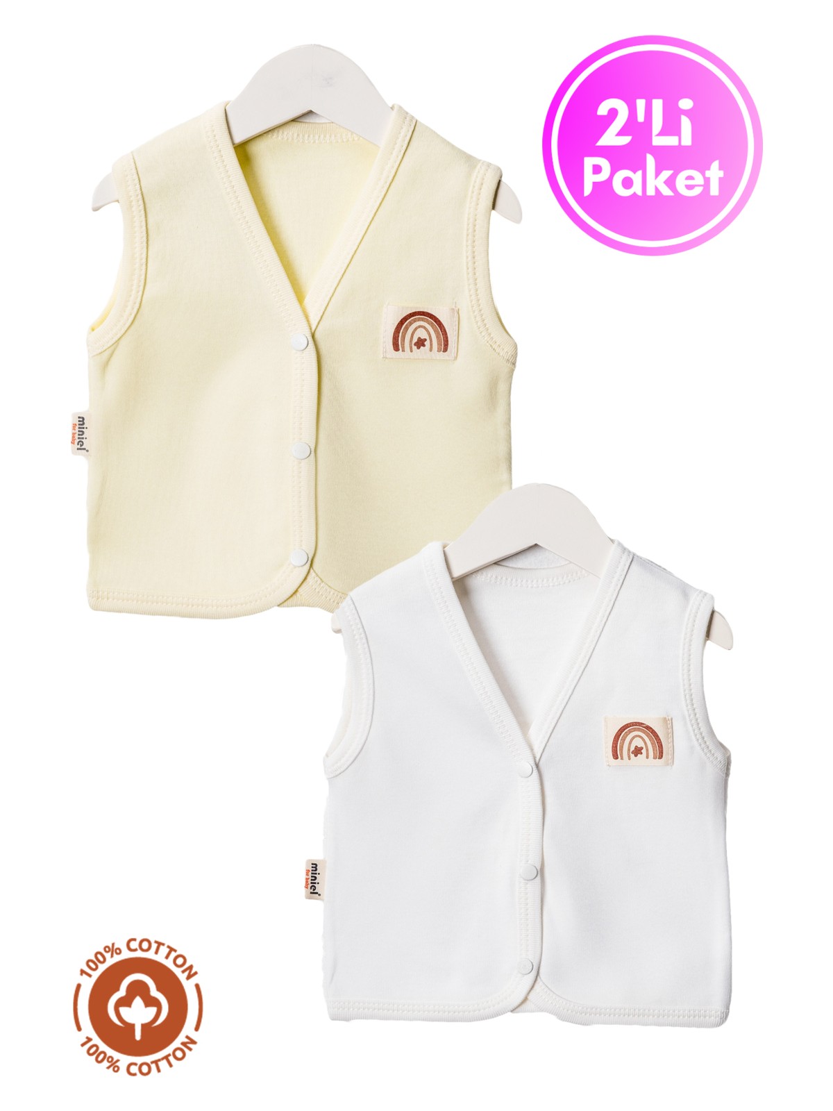Miniel Unisex Bebek Arma Detaylı Organik Pamuklu 3-6-9 Ay 2li Penye Bebek Yelek Set - Görsel 3