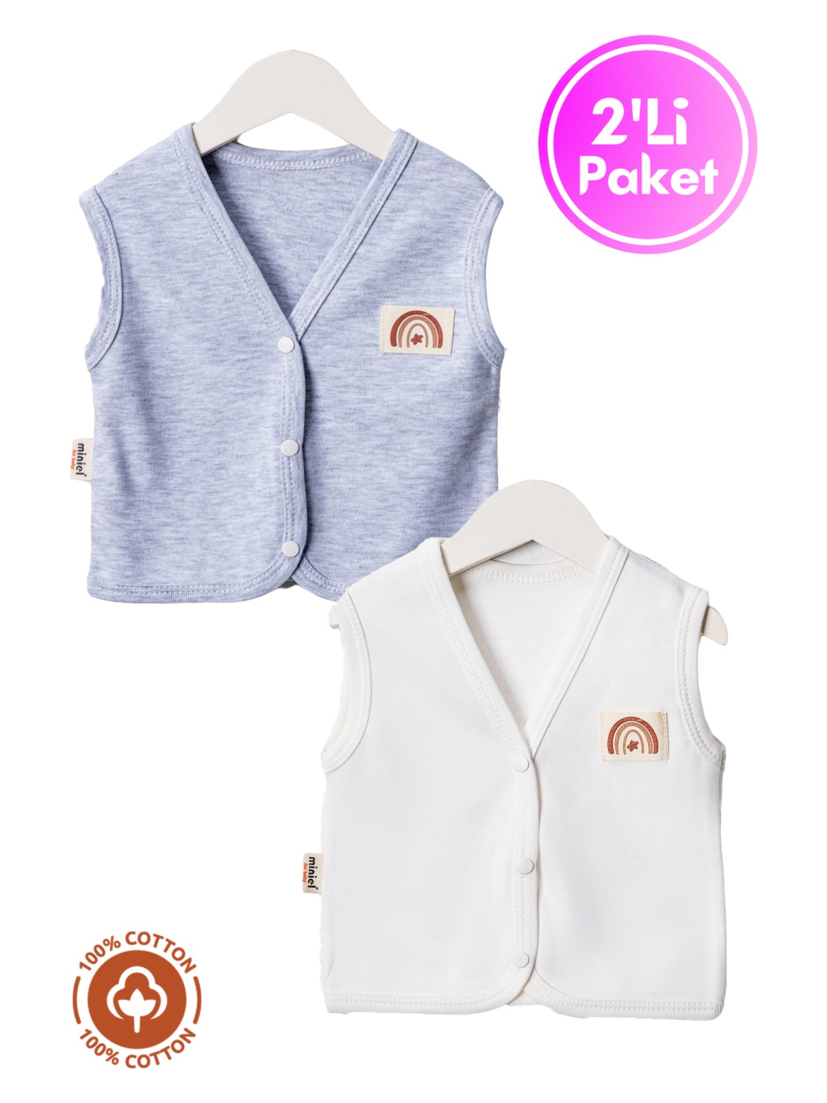 Miniel Unisex Bebek Arma Detaylı Organik Pamuklu 3-6-9 Ay 2li Penye Bebek Yelek Set - Görsel 4
