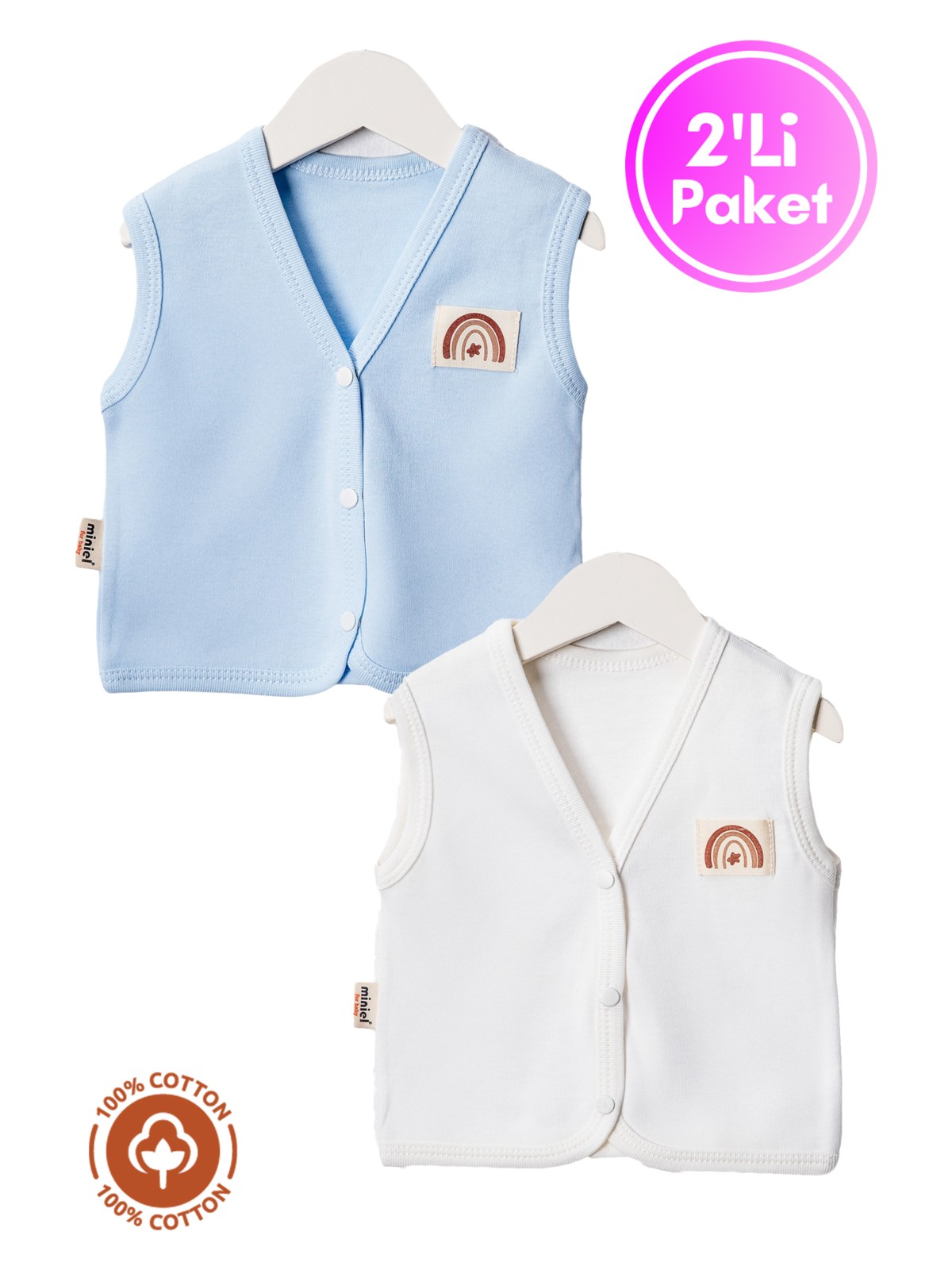 Miniel Unisex Bebek Arma Detaylı Organik Pamuklu 3-6-9 Ay 2li Penye Bebek Yelek Set - Görsel 8