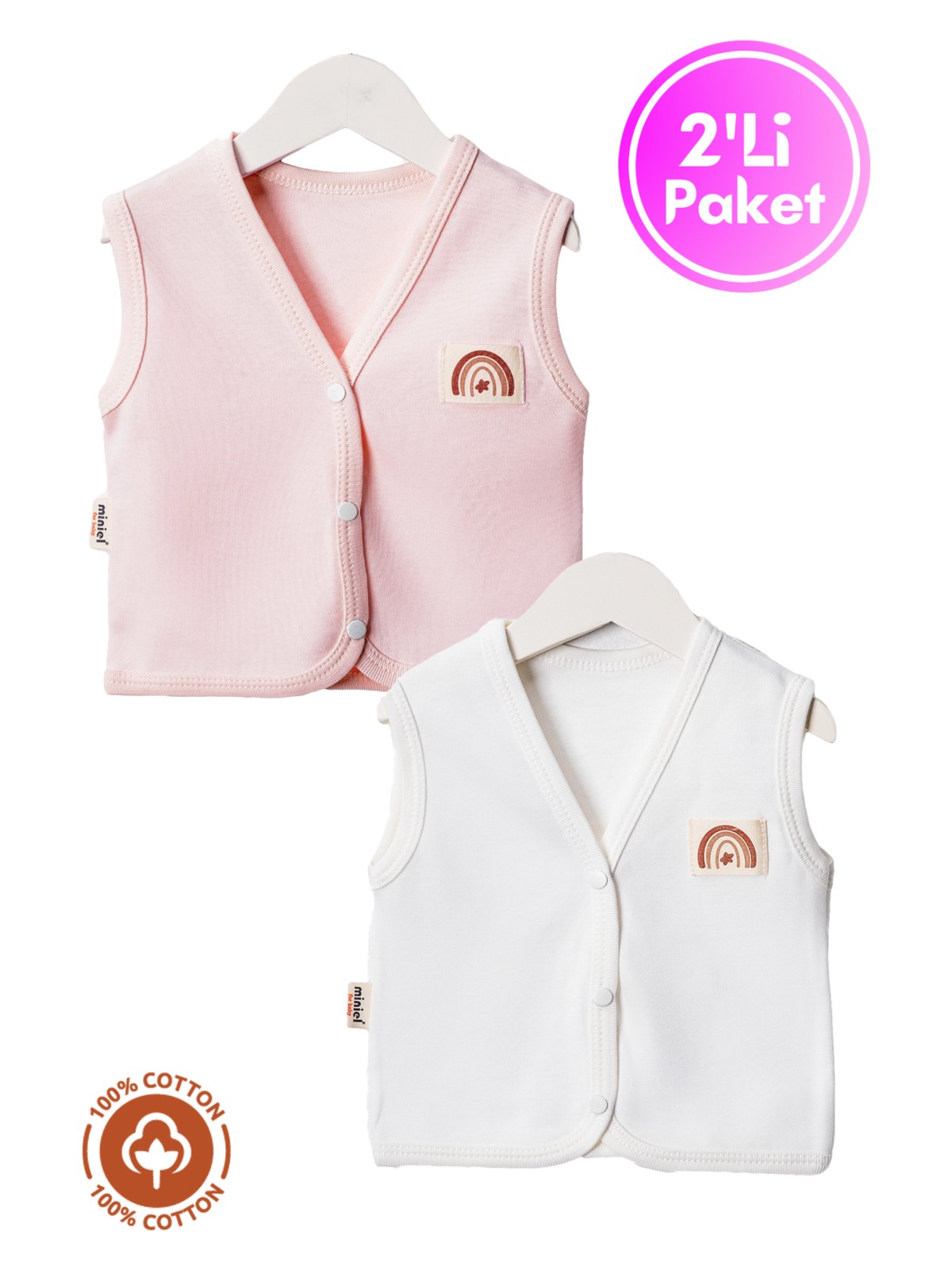Miniel Unisex Bebek Arma Detaylı Organik Pamuklu 3-6-9 Ay 2li Penye Bebek Yelek Set - Görsel 5