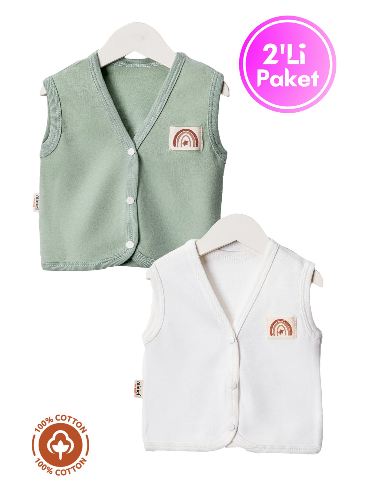 Miniel Unisex Bebek Arma Detaylı Organik Pamuklu 3-6-9 Ay 2li Penye Bebek Yelek Set