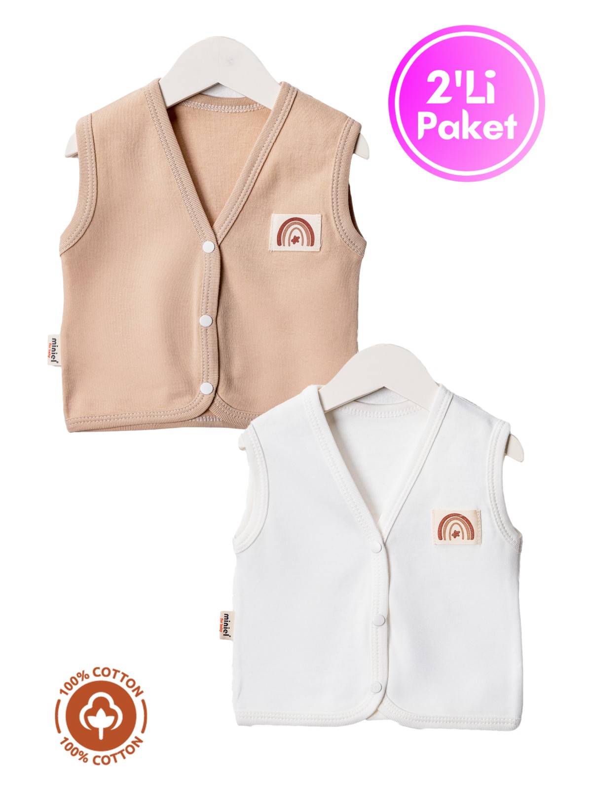 Miniel Unisex Bebek Arma Detaylı Organik Pamuklu 3-6-9 Ay 2li Penye Bebek Yelek Set - Görsel 6