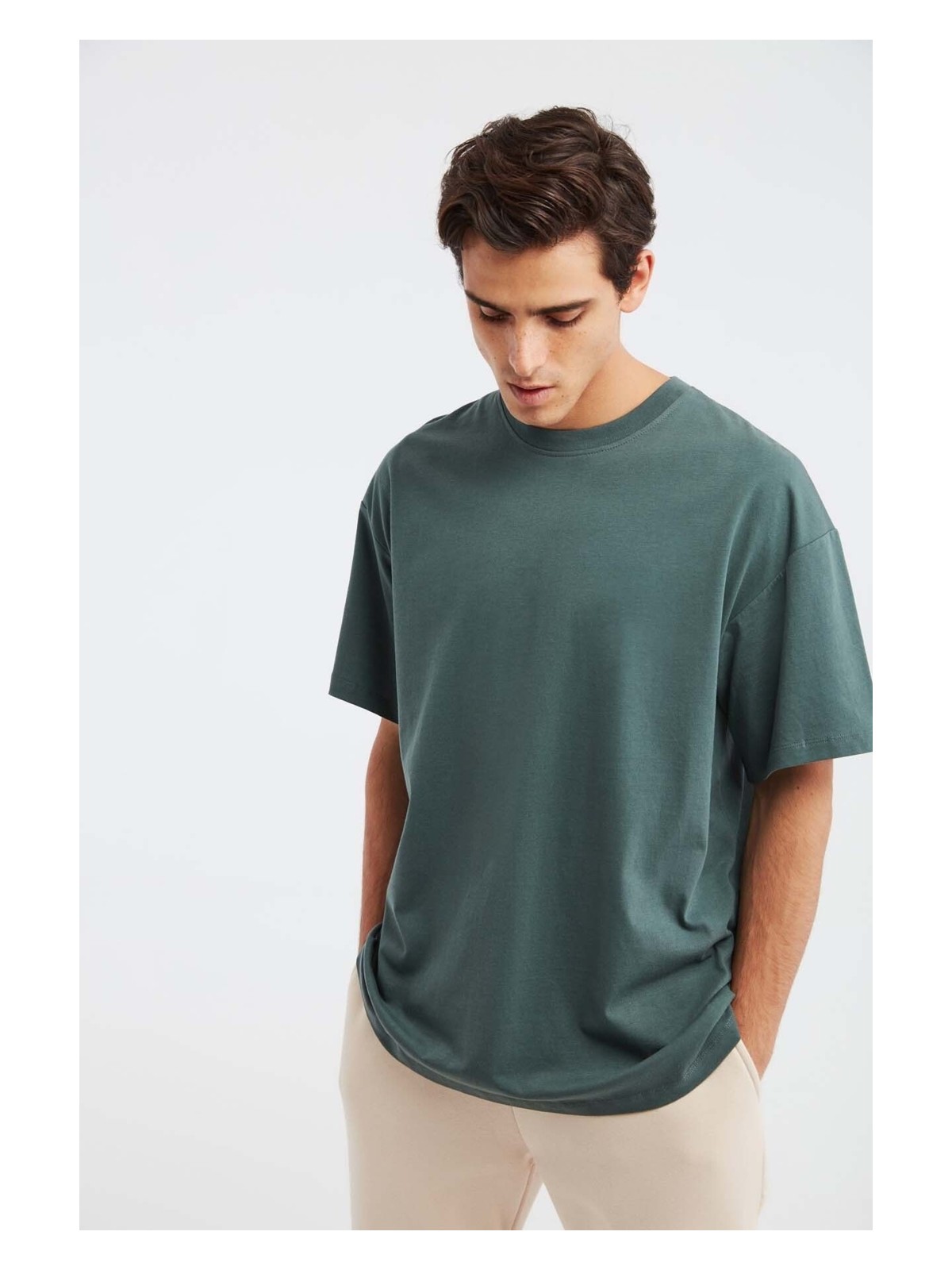 Grimelange Jett Erkek Oversize Fit %100 Organik Pamuk Kalın Dokulu Bisiklet Yakalı Beyaz T-shirt - Görsel 8