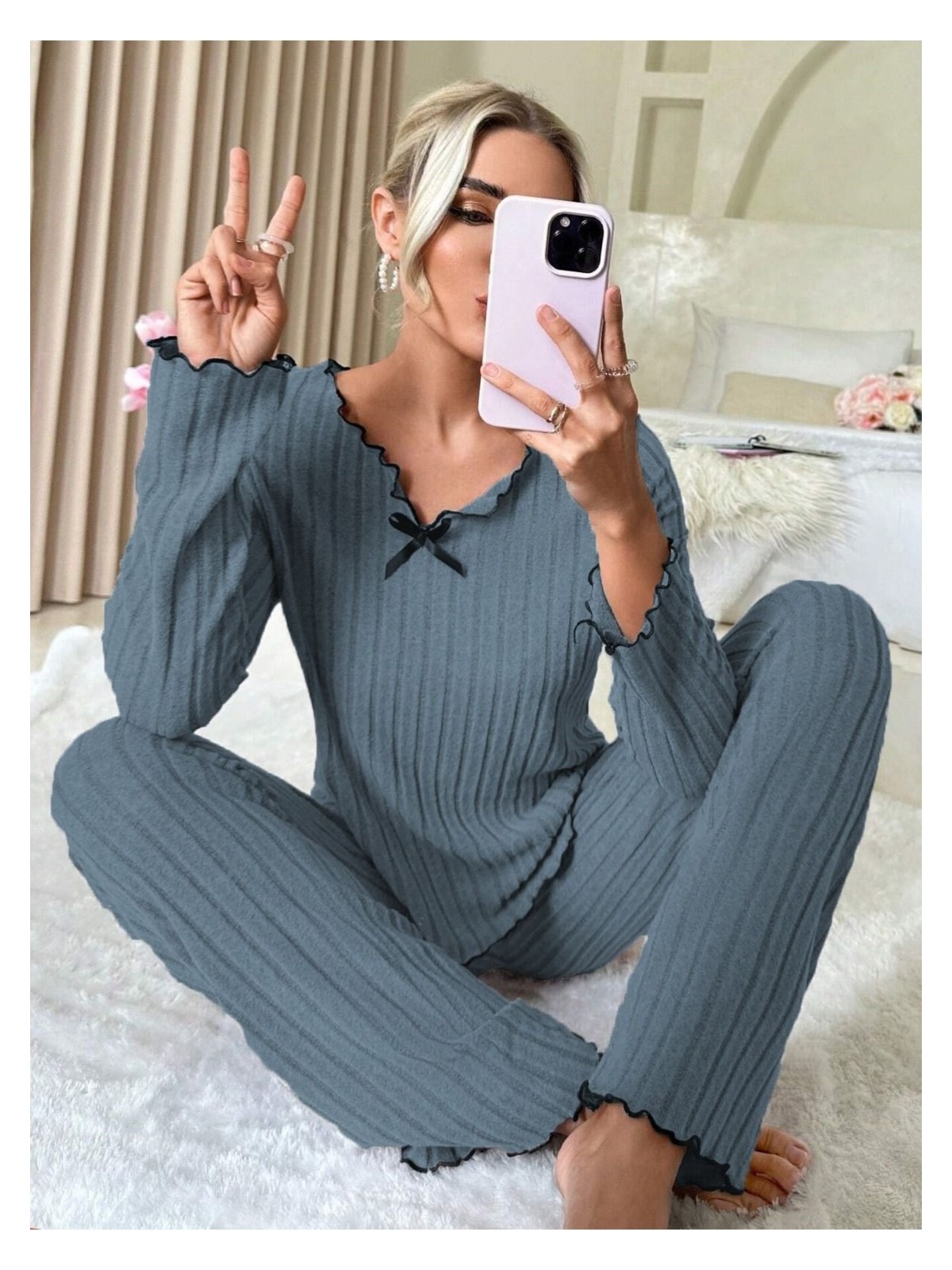 Bella Notte Indigo Pamuklu Fiyonk Detaylı Pijama Takımı