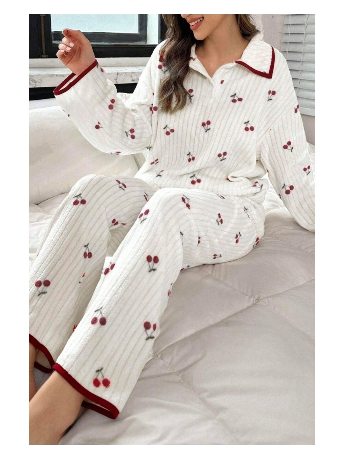 Bella Notte Çiçek Desenli Fitilli Pamuklu Uzun Pijama Takımı - Görsel 4