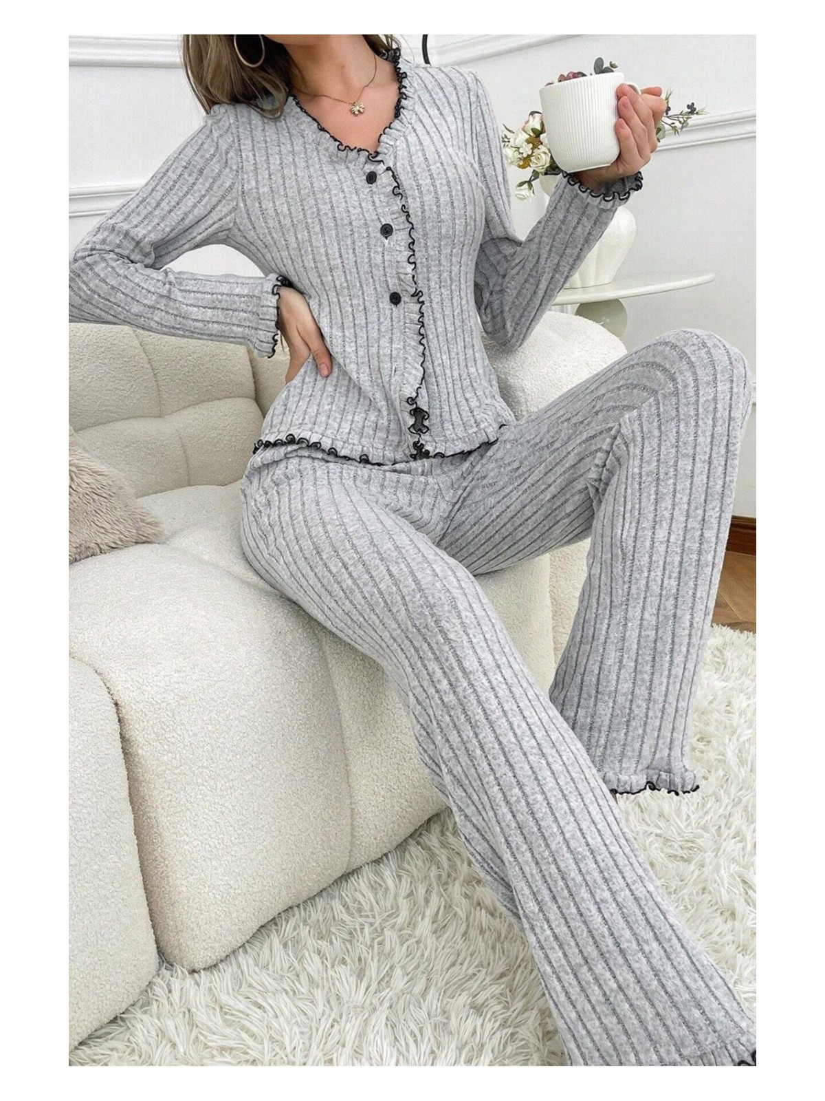 Bella Notte Gri V Yaka Pamuklu Düğmeli Pijama Takımı