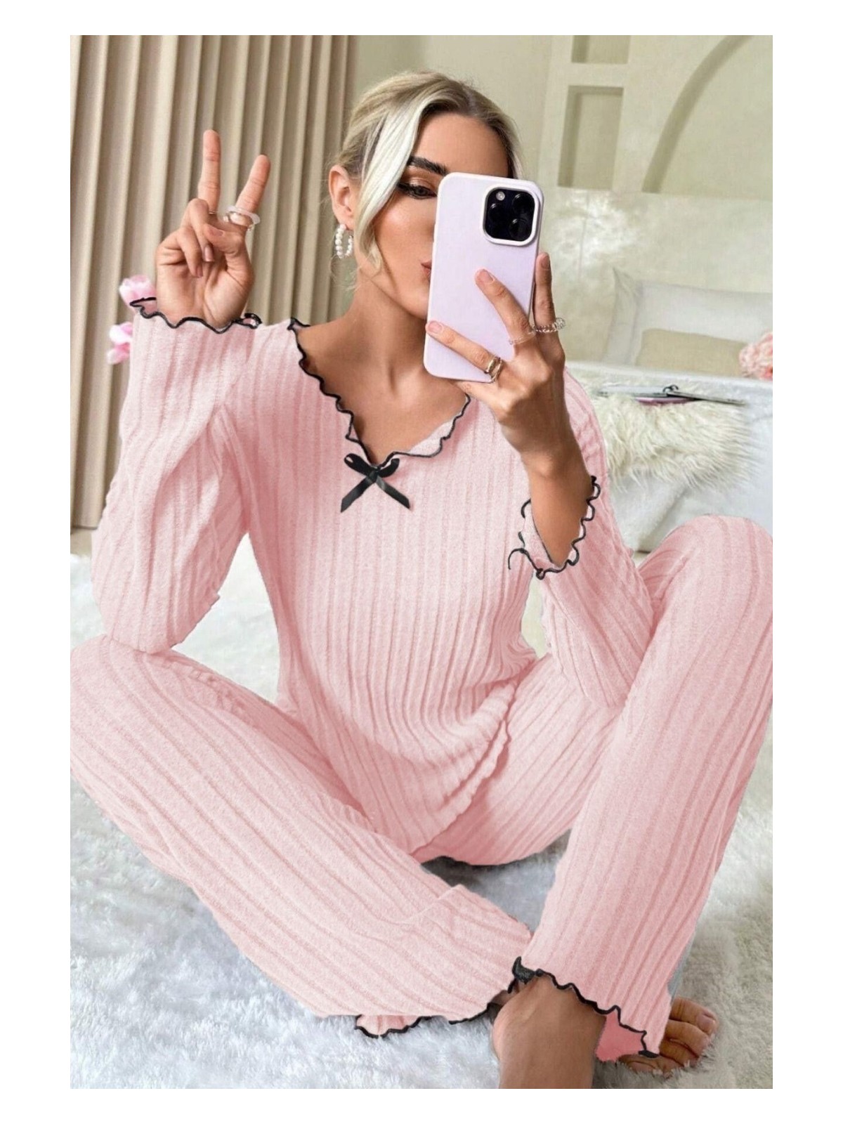 Bella Notte Pembe Pamuklu Fiyonk Detaylı Pijama Takımı