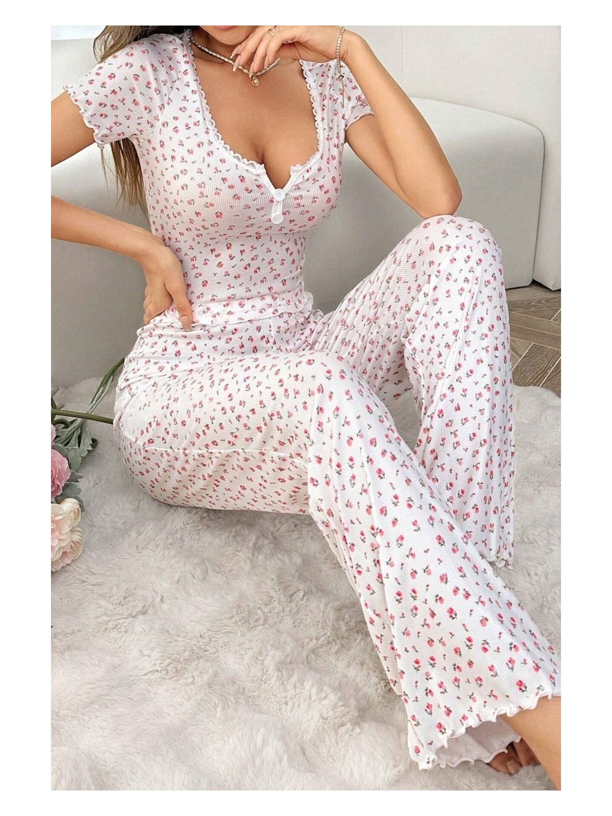 Bella Notte Çiçek Baskılı Uzun Kollu Pamuk - Viskon Pijama Takımı - Görsel 3