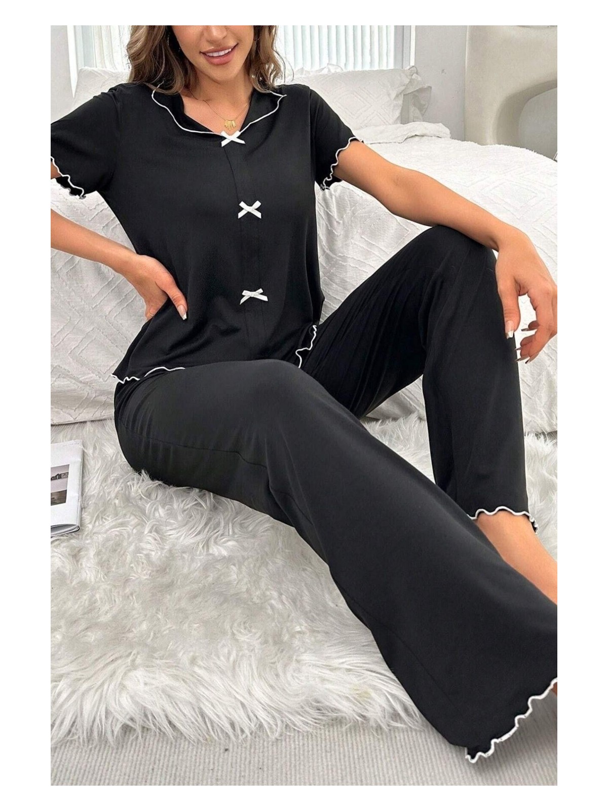 Bella Notte Pamuklu Siyah Fiyonk Detaylı Mevsimlik Pijama Takımı