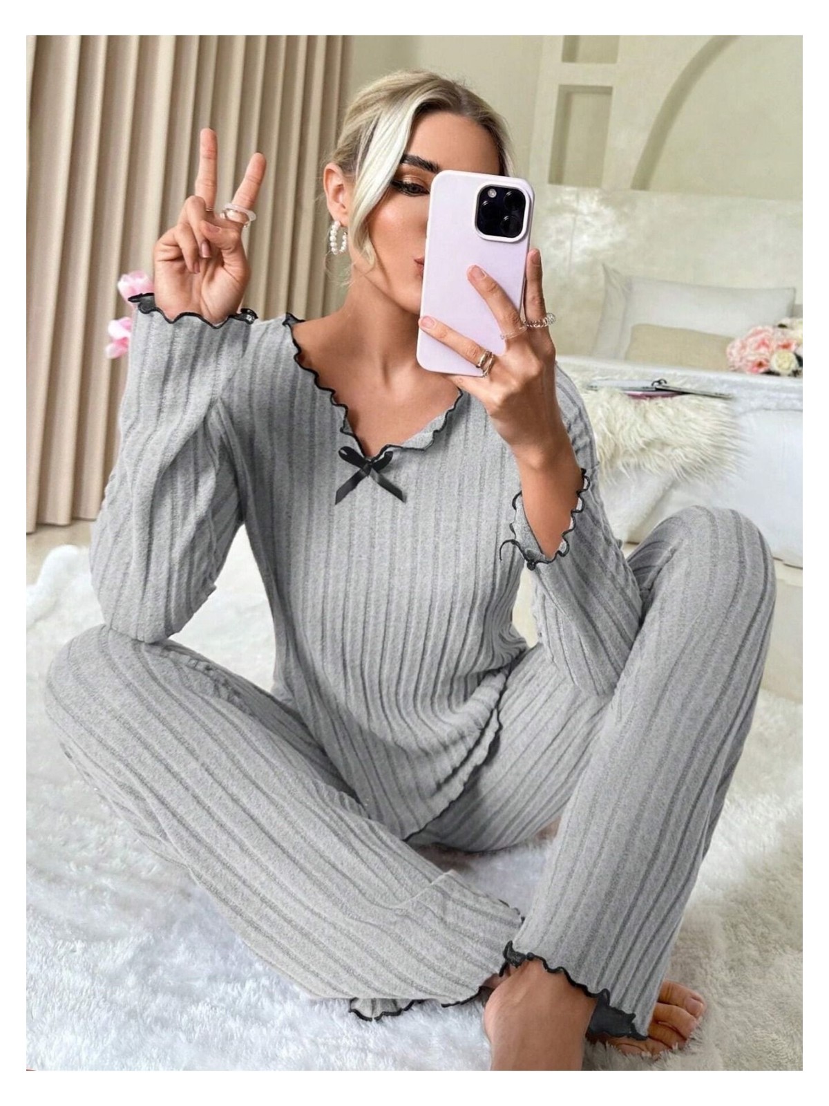 Bella Notte Indigo Pamuklu Fiyonk Detaylı Pijama Takımı - Görsel 7