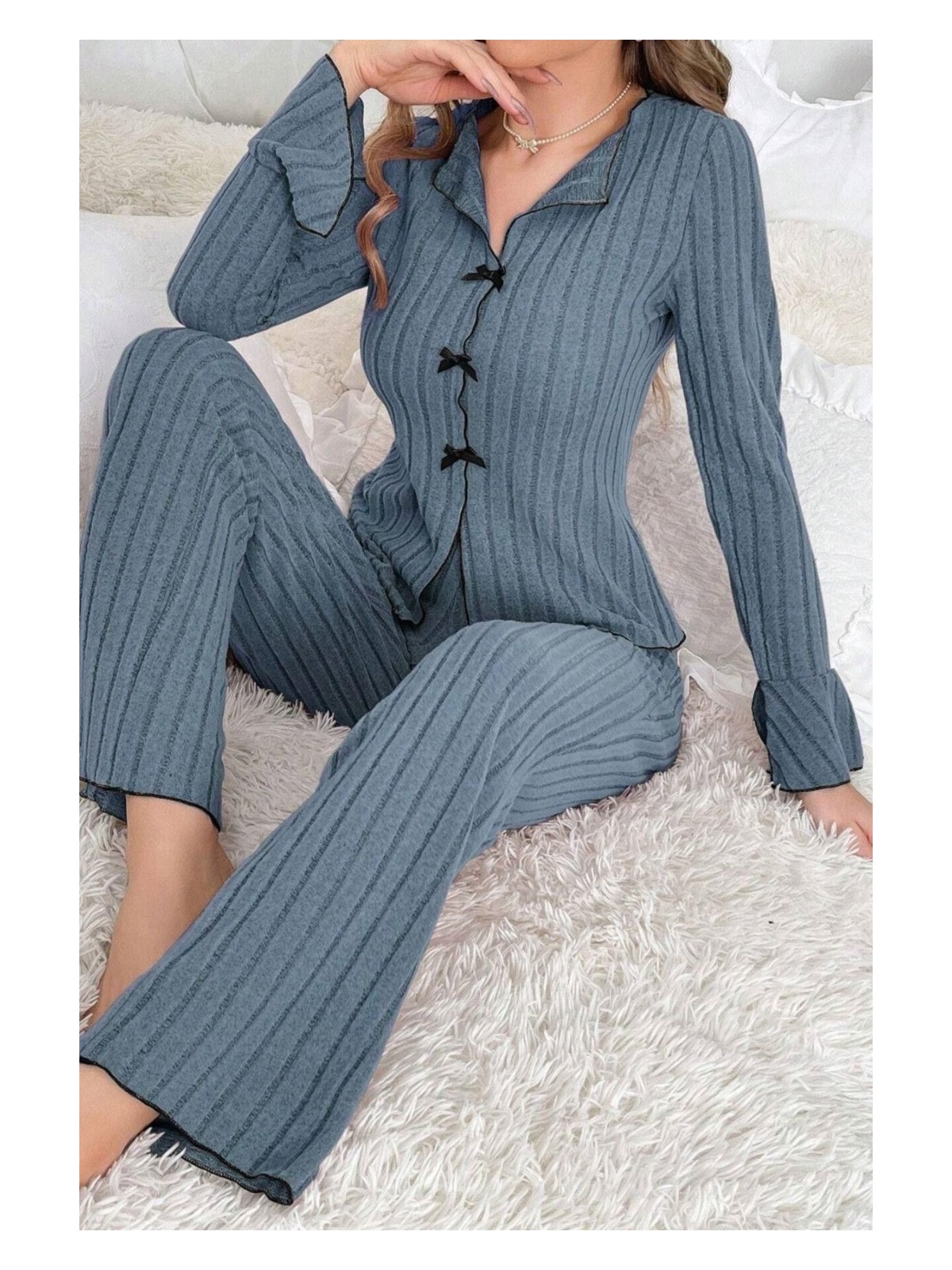 Bella Notte Pamuklu Kırmızı Fiyonk Detaylı Mevsimlik Pijama Takımı - Görsel 3